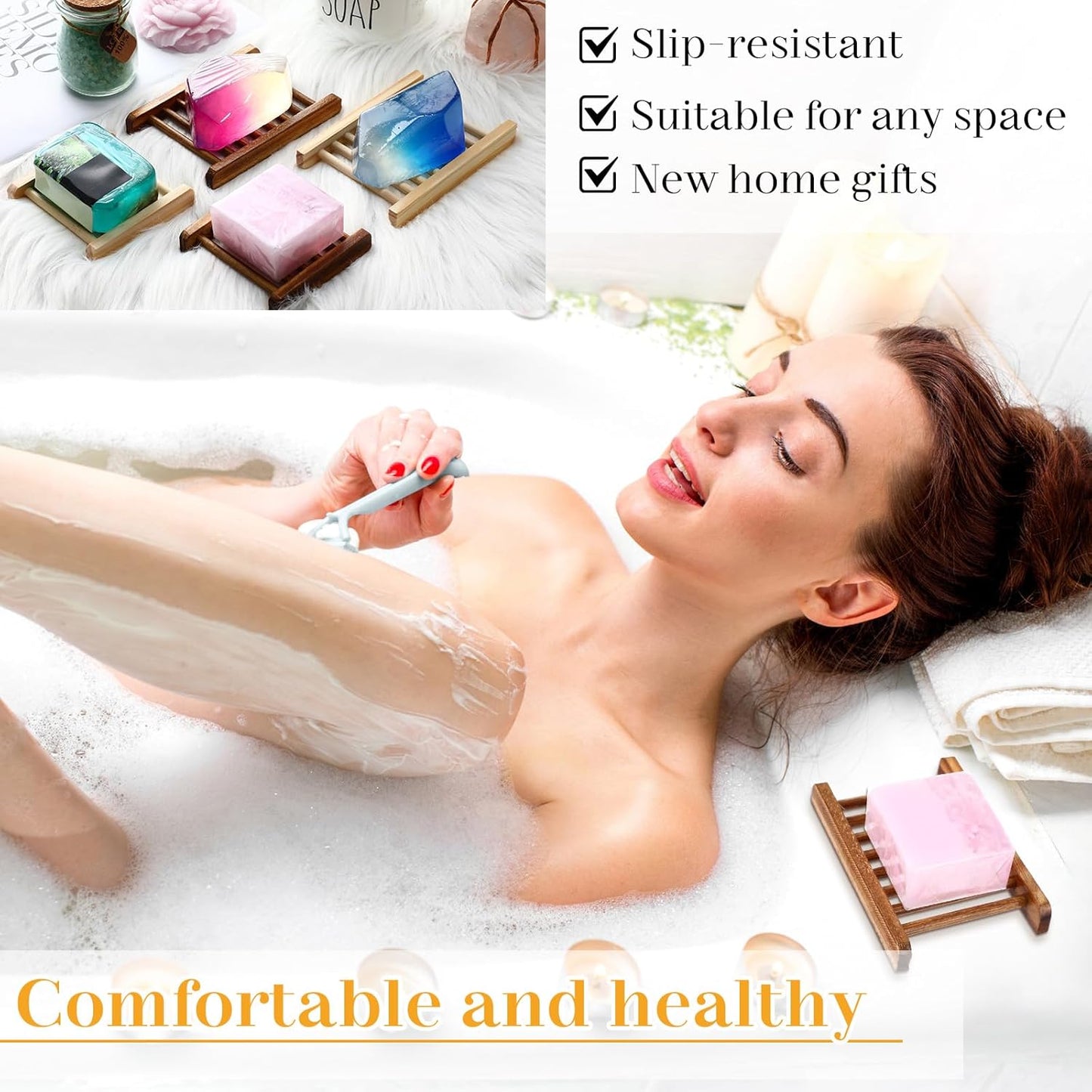 Sawysine 50 Pcs Bamboo Soap Holder Bulk Wood Soap Dish Bathroom Wooden Tray Saver Hand Craft Bathtub Self Draining Dish for Bar Kitchen, Gifts for Christmas, 2 Sizes(Charcoal and Wood Color)