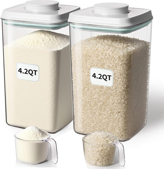 Airtight Food Storage Container with Pop Lid & 130ml Scoop, 4L/4.2qt *2 BPA-Free Cereal, Rice, Flour, Pasta & Snack Container, Stackable & Durable,Kitchen Pantry Organizer