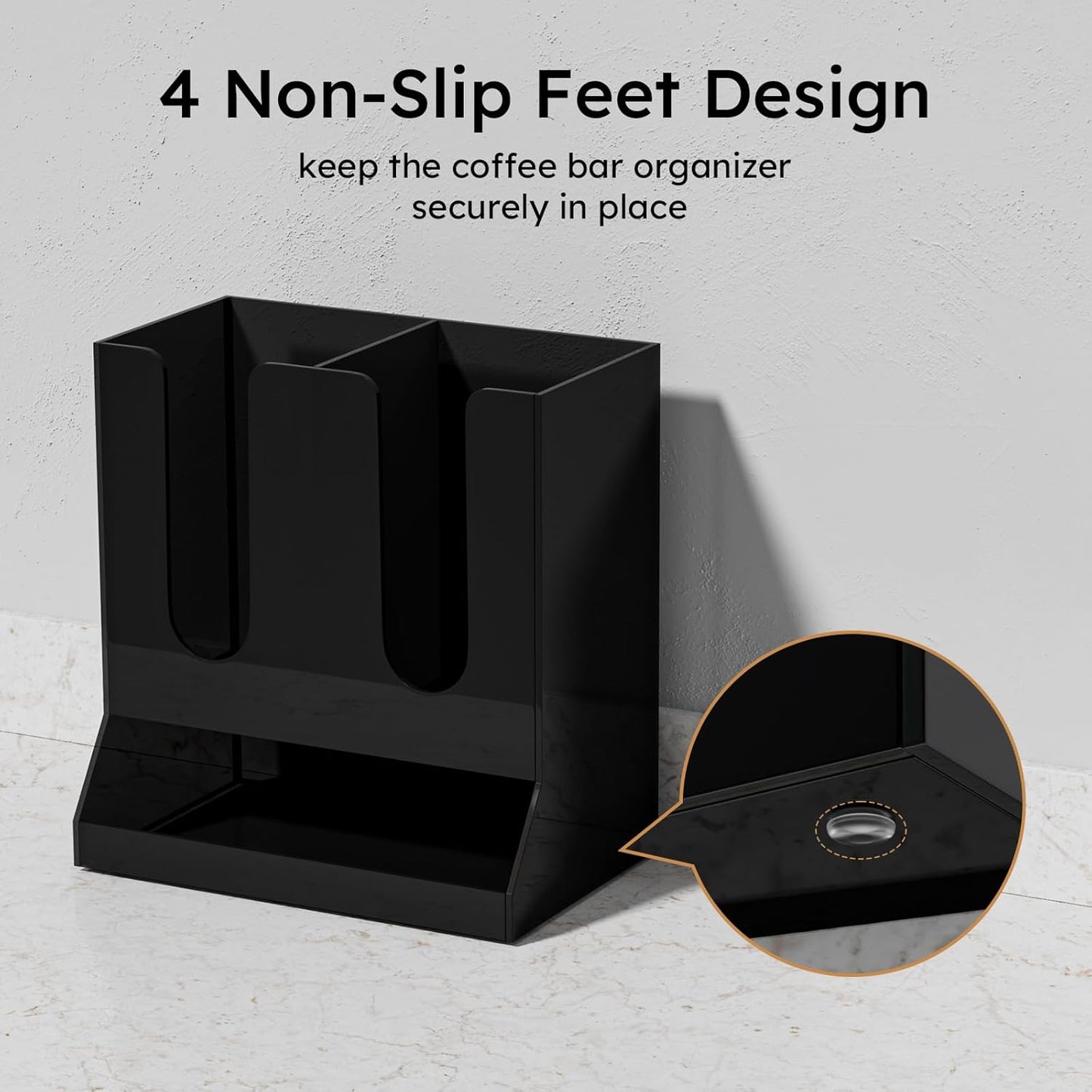 AITEE Acrylic Coffee Station Organizer for Countertop, Holds 20 Cups, All-in-One Coffee Cup and Lid Holder with Condiment Storage for Office Breakroom and Home Kitchen, Black