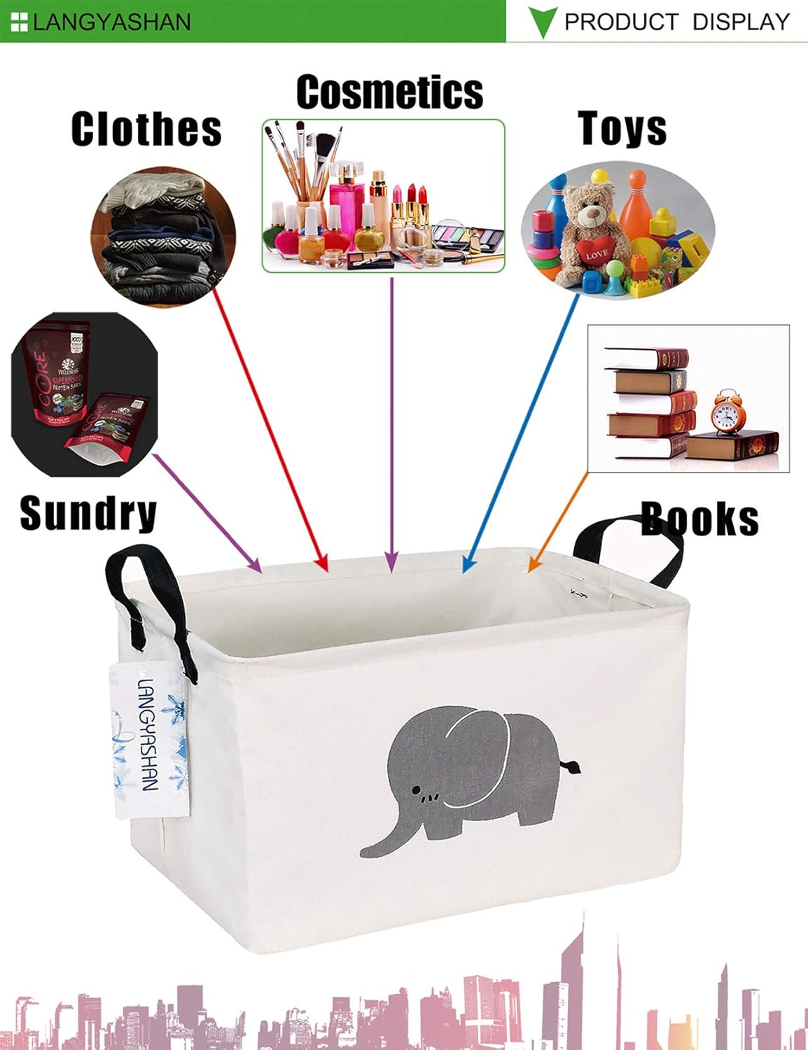 LANGYASHAN Rectangular Storage Bin Collapse Canvas Fabric Cartoon Storage Basket with Handles for Organizing Home Kitchen Boys and Girls Toys Office Closet Shelf Baskets (REC Elephant)