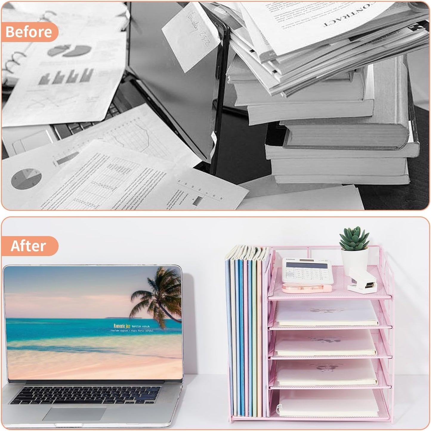 Desk Organizers and Accessories, 5-Tier Paper Letter Tray Organizer with File Holder, Desktop Organizer for Office Supplies (Pink)