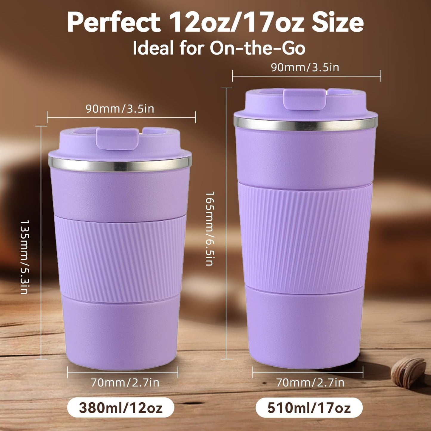 17OZ Travel Coffee Mug Insulated Coffee Cup with Spill Leak Proof Lid, Portable Stainless Steel Tumbler Reusable Hot and Cold Water Mug for Car, Daily, Camping- Purple