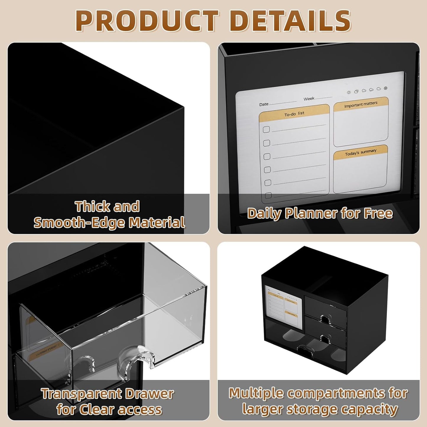 Marbrasse Desk Organizer with 3 Drawer, Multi-Functional Pencil Pen Holder for Desk, Desk Organizers and Accessories with 4 Compartments, Desktop Organizer Storage for Office Home Art Supplies (Black)