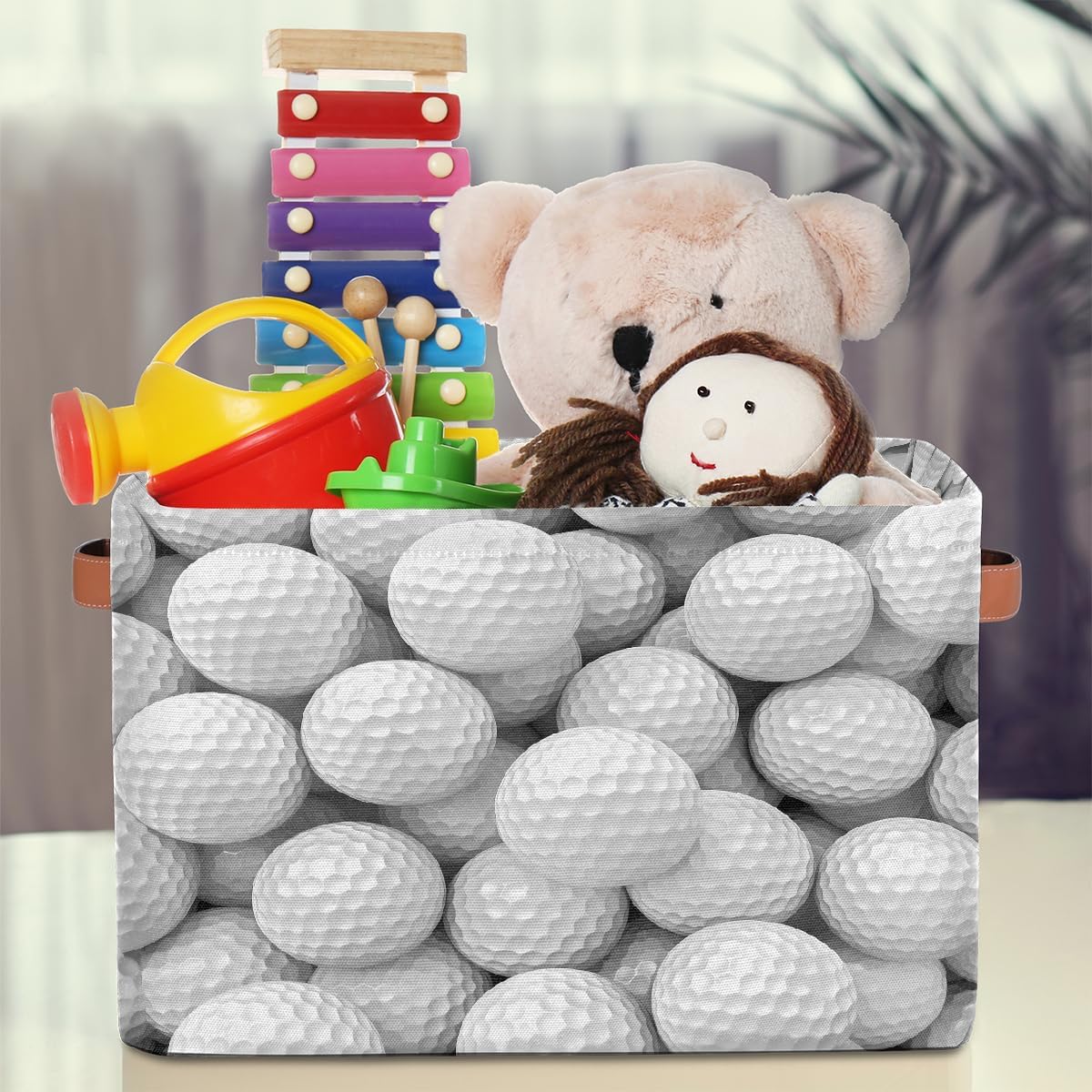 Golf Storage Basket for Shelves, Storage Bins with Handles, Collapsible Basket for Organizing, Closet Toy Baskets for Nursery Room, 15x11x9.5 in, Canvas, White Golf