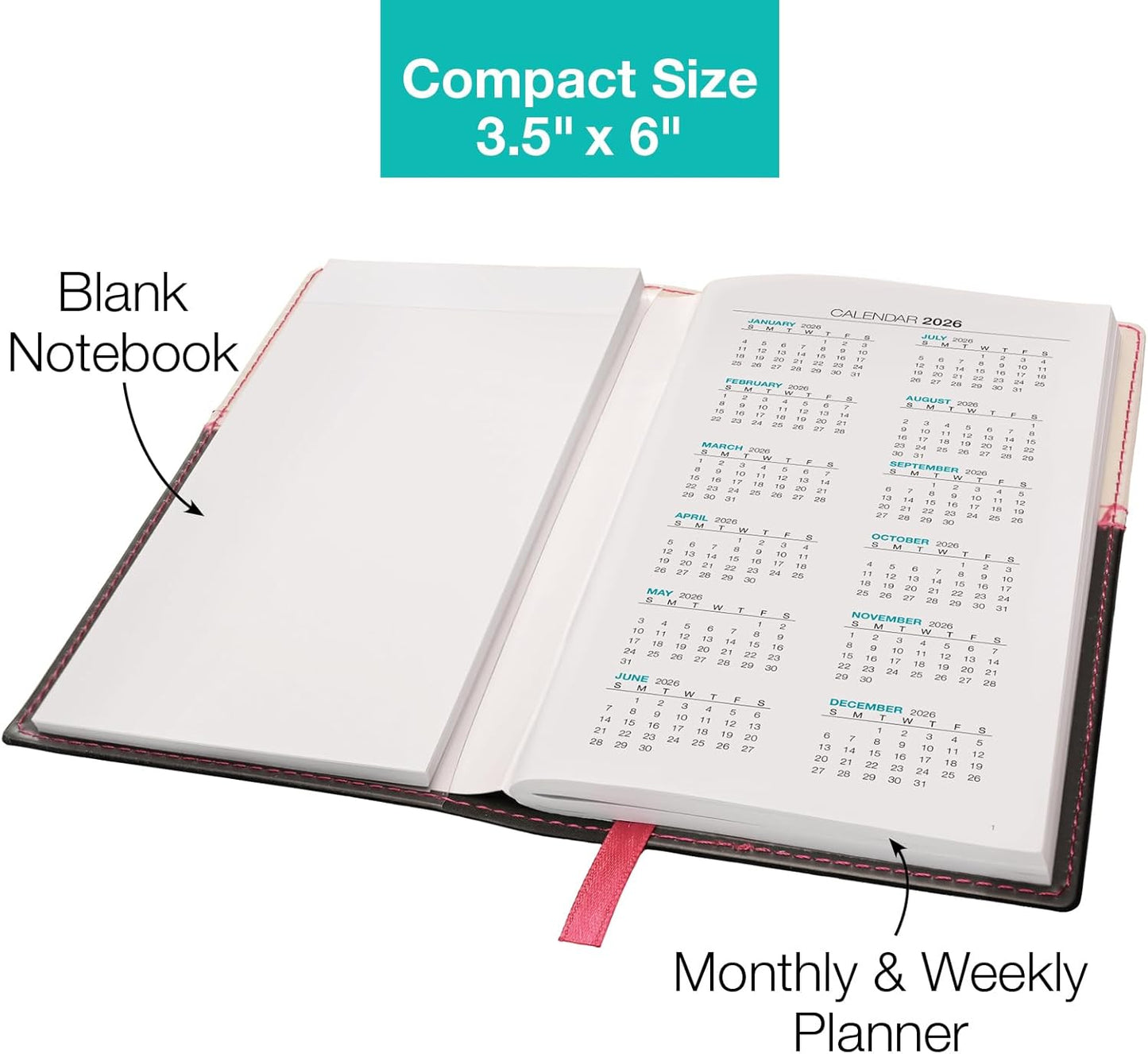 2026 Pocket Planner/Pocket Calendar, 3.5"x6": Includes 14 Months (November 2025 - December 2026) / 2026 Weekly Planner/Weekly Agenda/Monthly Calendar Organizer (Pink/Black)