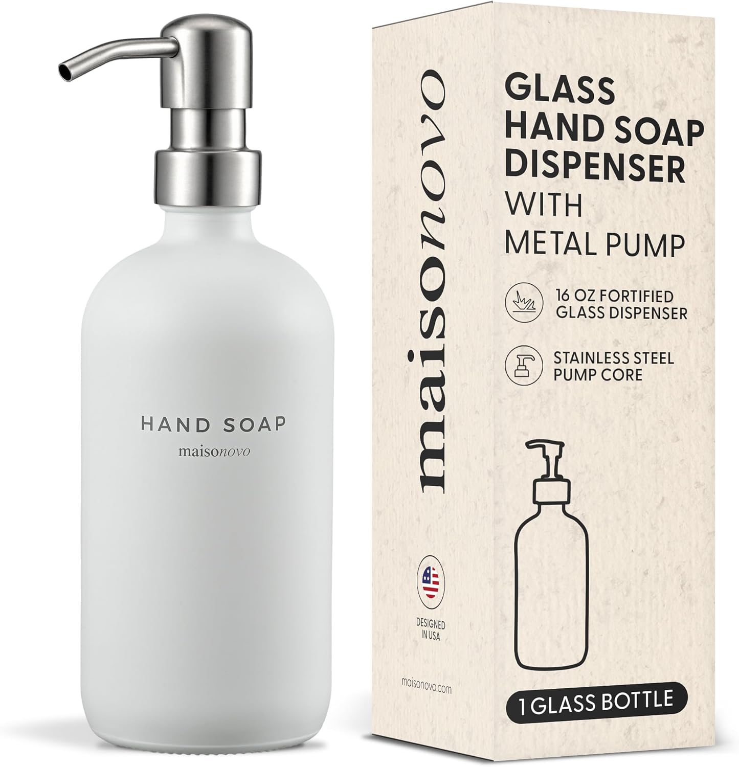 MaisoNovo Soap Dispenser 1-Piece Set | 16.9oz White Bottles with Silver Stainless Steel Pump