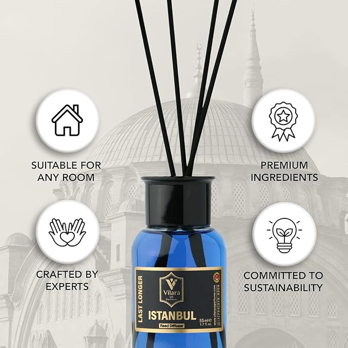 Reed Diffuser Set with Sticks for Home – Bathroom, Bedroom & Office Aromatherapy – Long Lasting Scented Oil Diffuser with Sticks – Luxury Room Fragrance Diffuser 55ml,1.7 fl oz (Istanbul Pack 3)