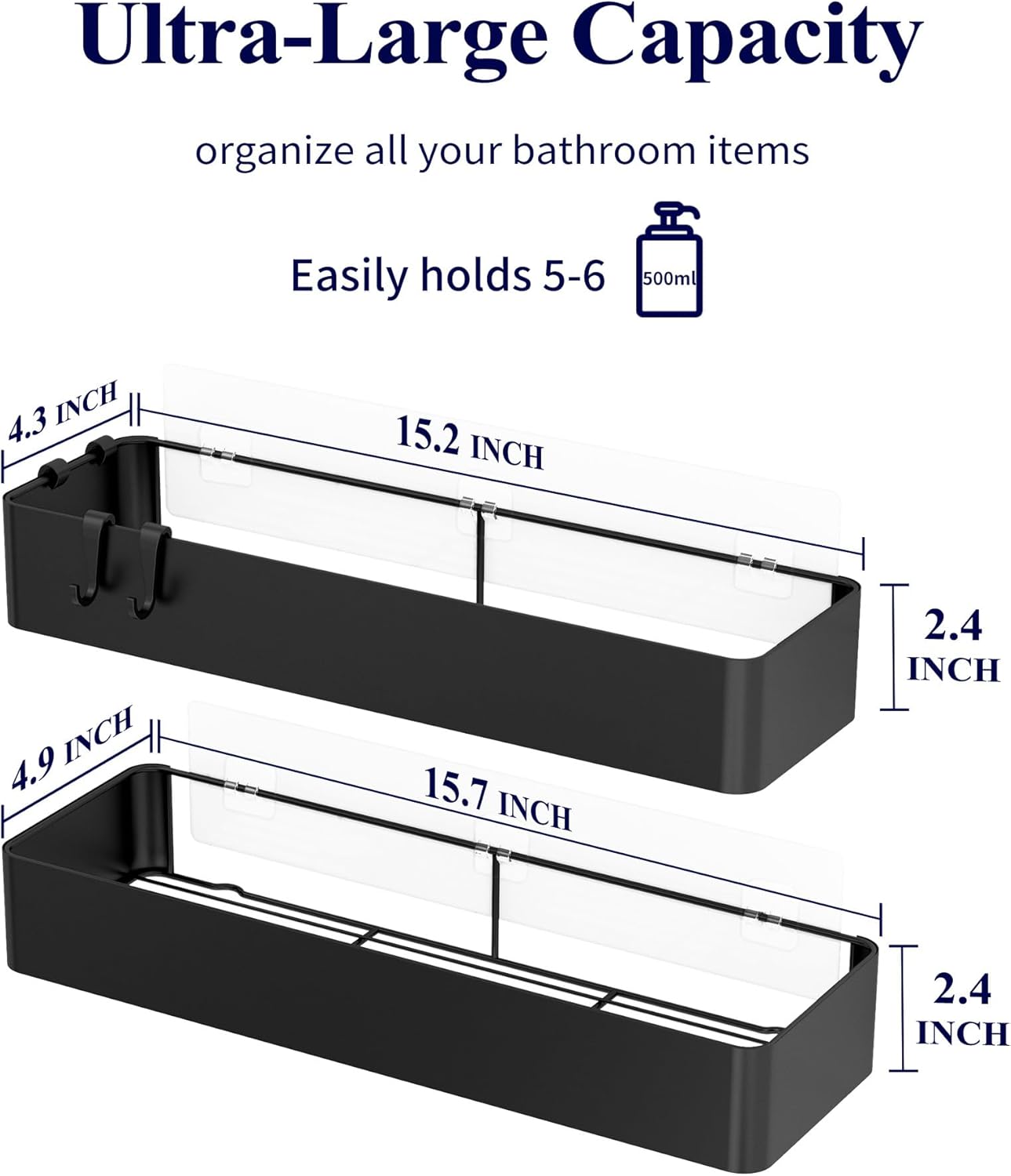 Kitsure Shower Caddy - 2 Pack Adhesive Shower Organizer, Rustproof Metal Shelves, No-Drill Bathroom Organizers and Storage, Black, XX-Large