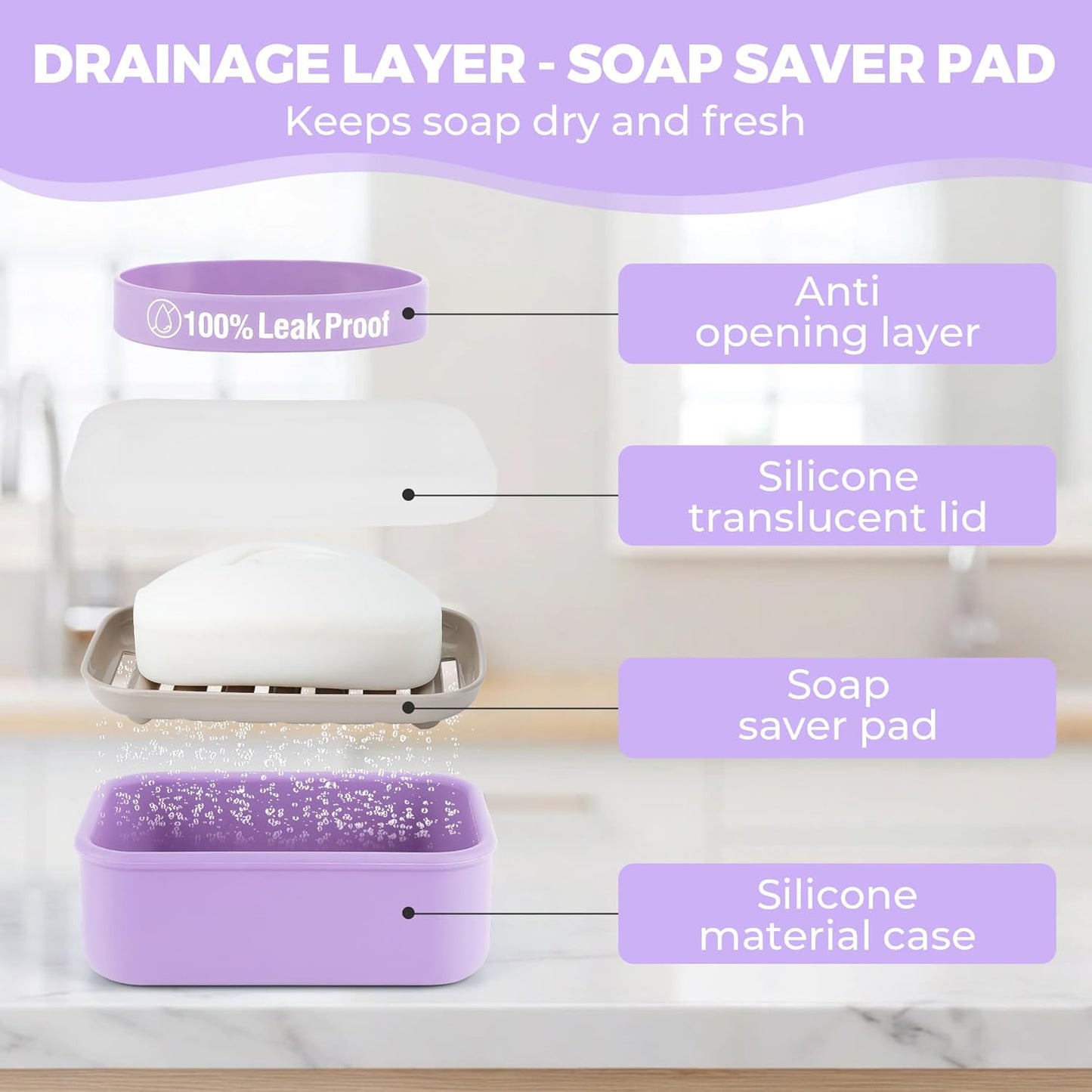 Compact Leakproof Travel Soap Case with Lid & Silicone Strap - Portable Draining Soap Bar Holder for Gym, Bathroom, Camping - Lightweight Silicone Soap Dish Container (Purple)