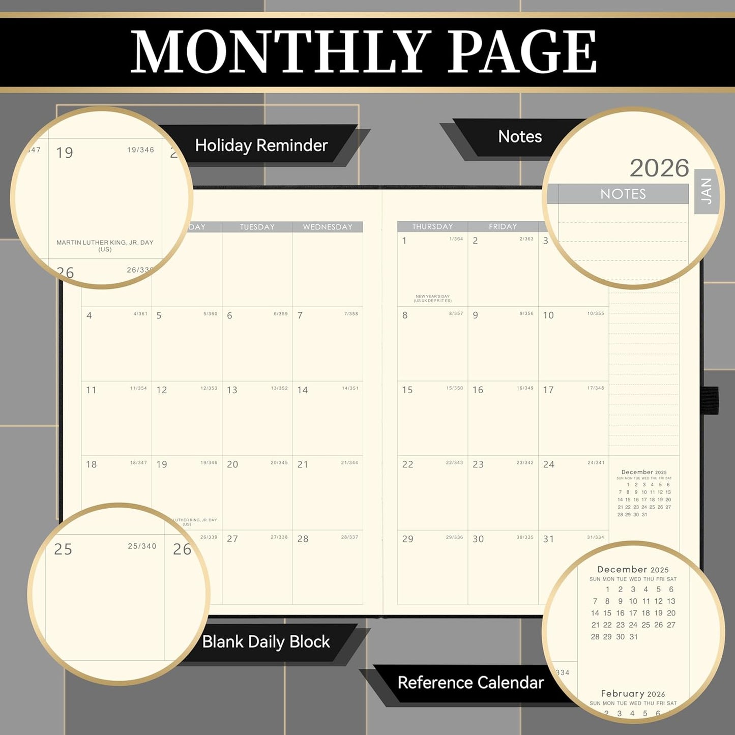 2026 Planner - Weekly and Monthly Planner 2026, Jan.2026 - Dec.2026, 9" x 11", 2026 Calendar Planner with Inner Pocket + Bookmarks+ Leather Hardcover, Black