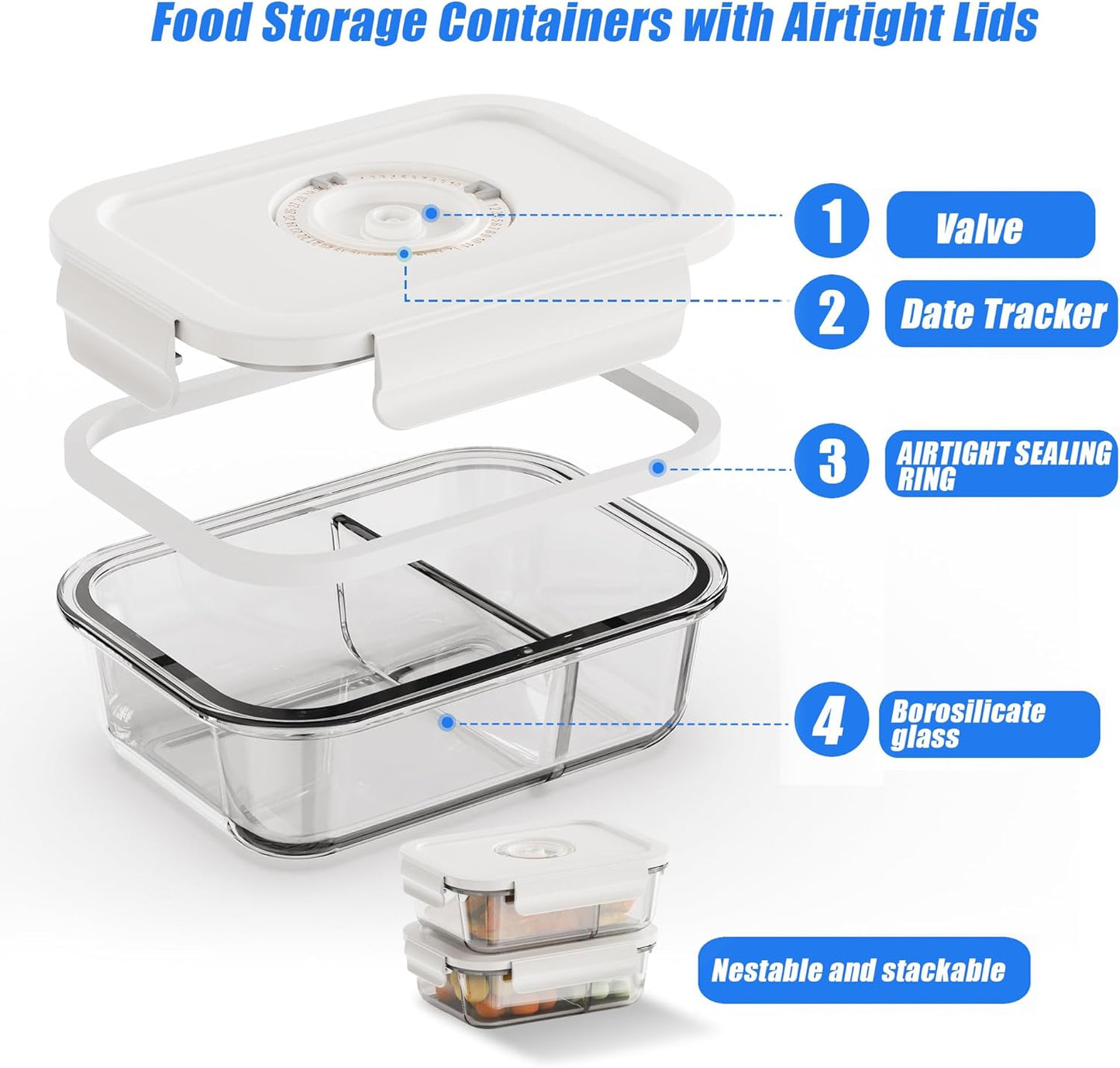 19 PCS Vacuum Sealer, Handheld Manual Vcuum Pump For Borosilicate Glass Vacuum Storage Containers, 2 Compartment | Airtight |Vacuum Seal, 4-Packcontainers(34.5 Oz), 10 Reusable Food Saver Sealer Bags