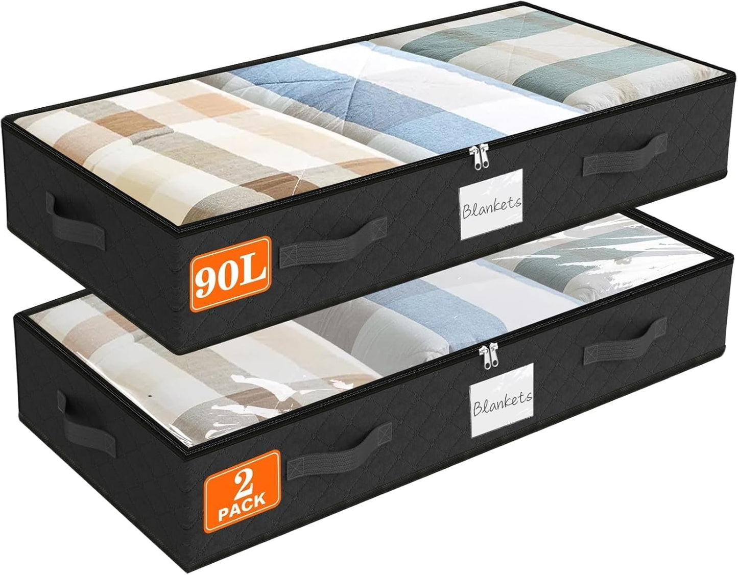 SpaceWhisper 90L Under Bed Storage Containers, 2-Pack Storage Bins with Clear Top, Foldable Closet Organizers and Storage with Label Holder for Clothing, Blankets, Comforter & Pillows(Black)