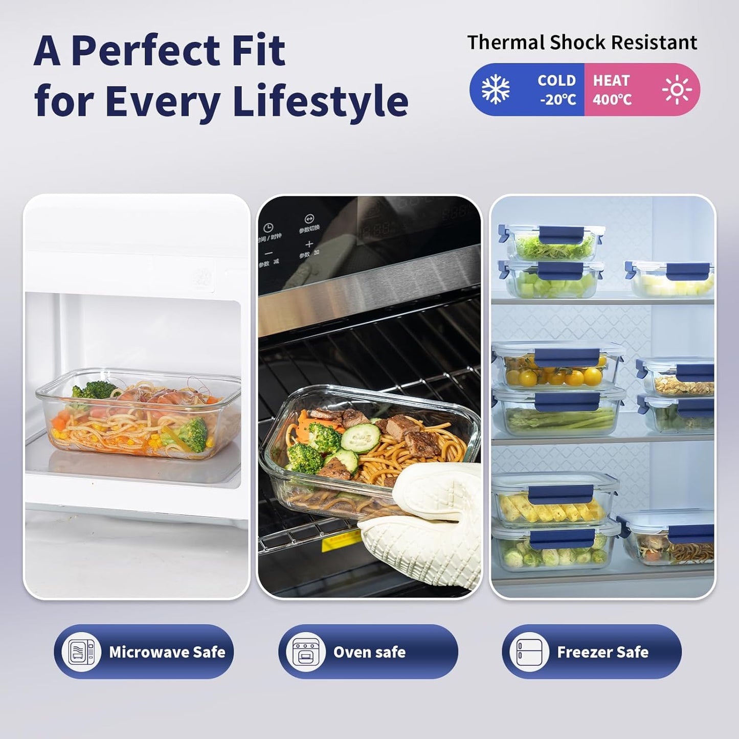 GENICOOK 30 Pieces Glass Food Storage Containers with Snap Locking Lids,Glass Meal Prep Containers Set - Airtight Lunch Containers, Microwave, Oven, Freezer and Dishwasher BLUE