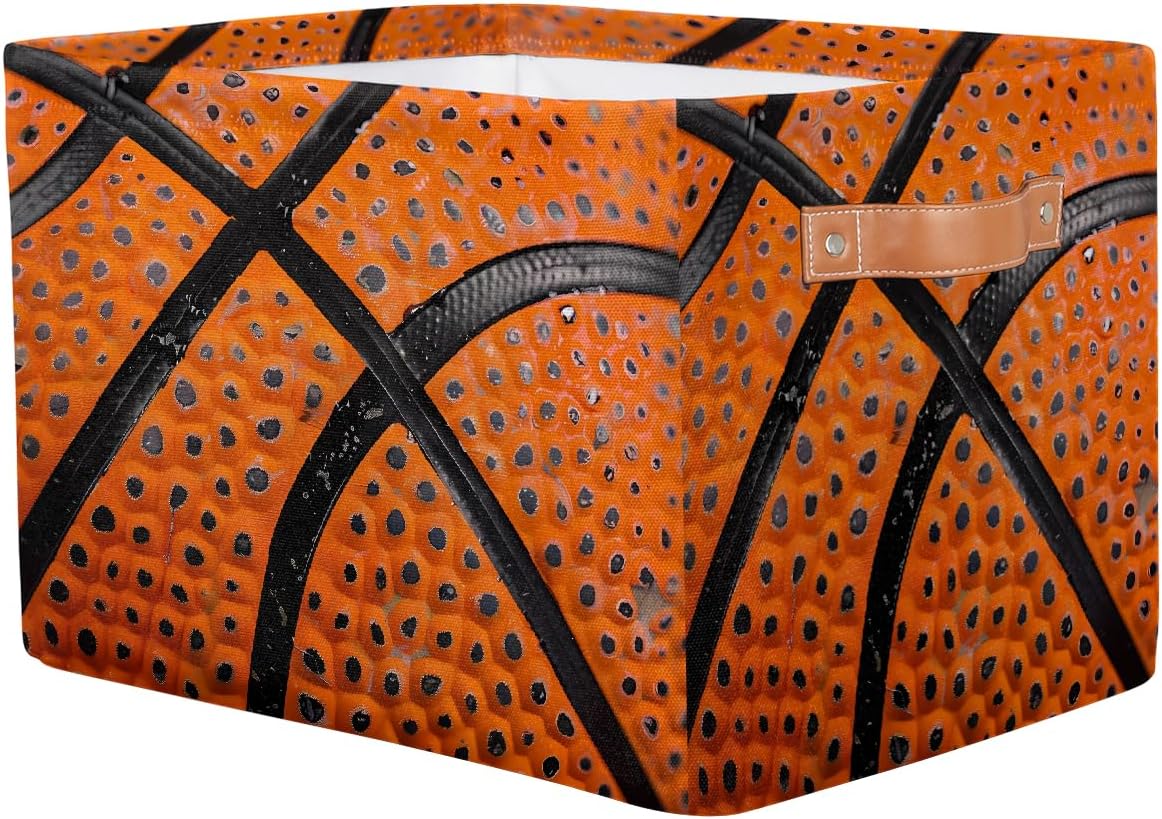 Basketball Storage Basket for Shelves, Storage Bins with Handles, Collapsible Basket for Organizing, Closet Toy Baskets for Nursery Room, 15x11x9.5 in, Canvas, Sports Bsketball Lace