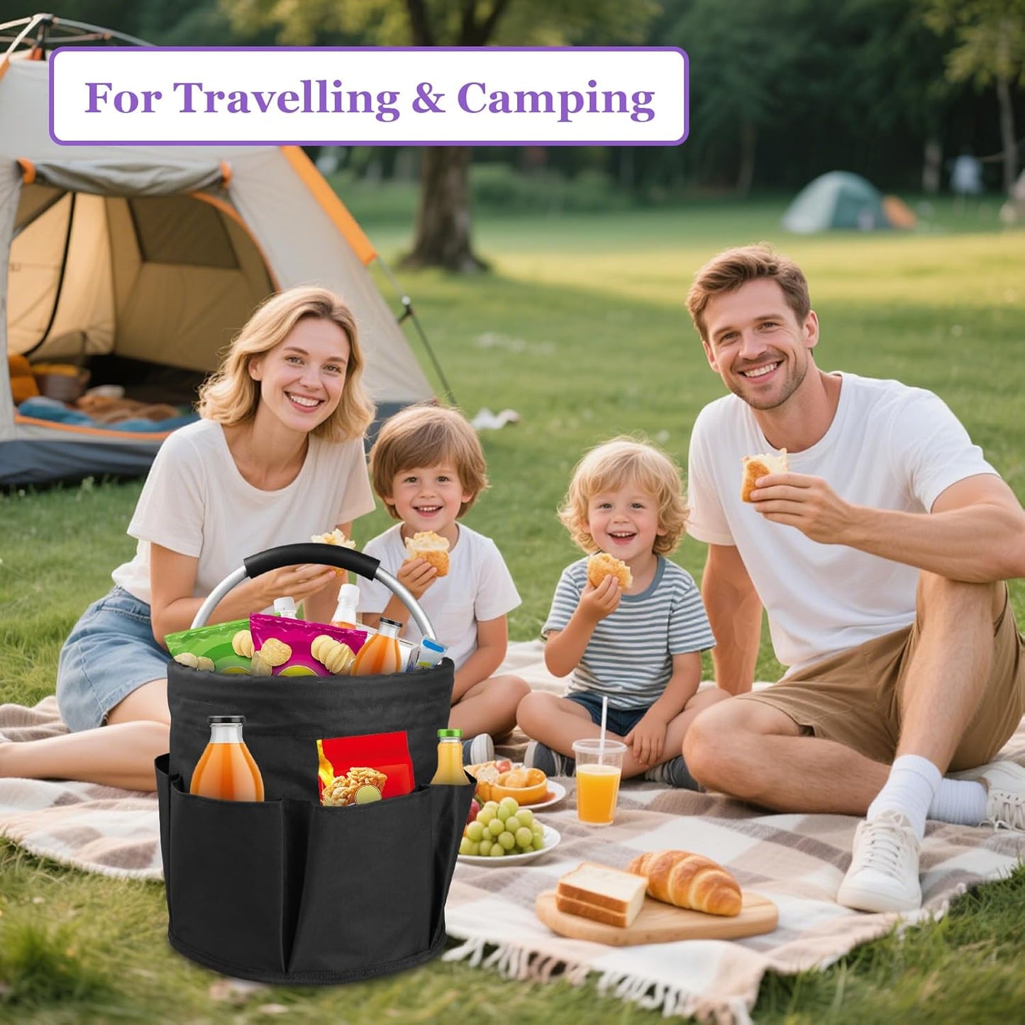 17L Cleaning Caddy with Handle and 6 Pockets, Foldable Cleaning Supply Caddy, Portable Shower Caddy in 600D Oxford Fabric, Multifunctional Storage Basket for Camping, Gardening, Black