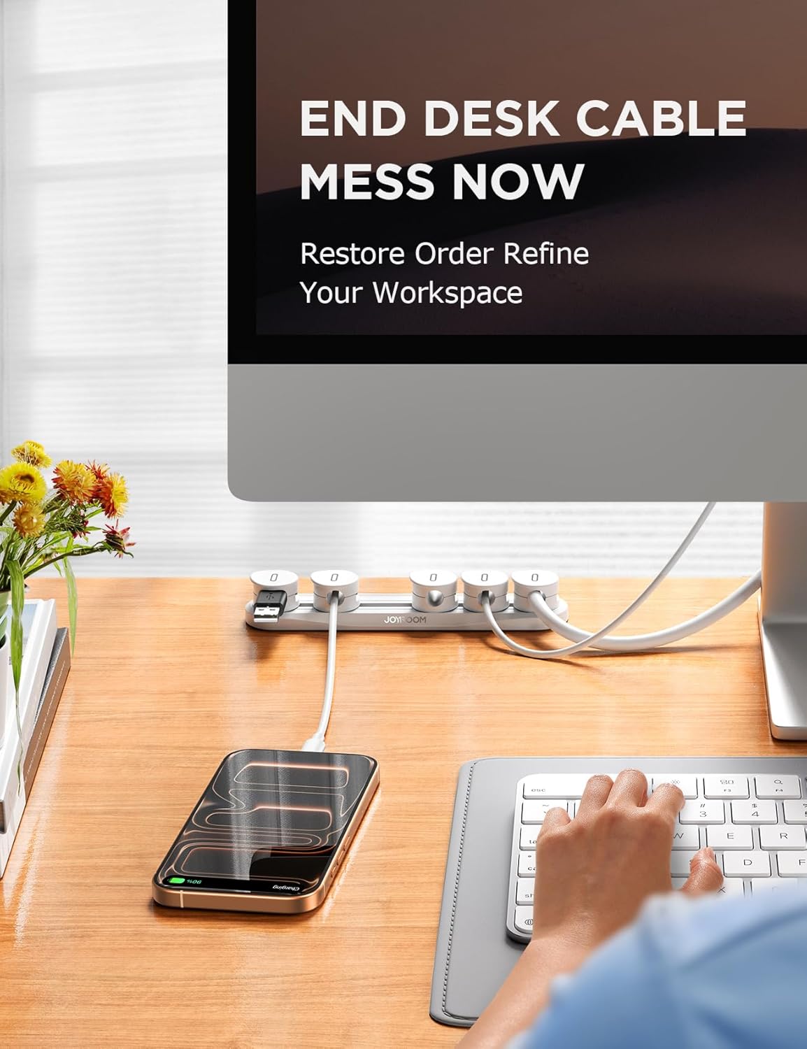 5-in-1 Magnetic Cord Organizer JOYROOM Cable Clips[Adjustable Sliding Track] Under Desk Adhesive Cord Management Wire Keeper for Computer Phone, Office Workspaces Table Organization Home Accessories