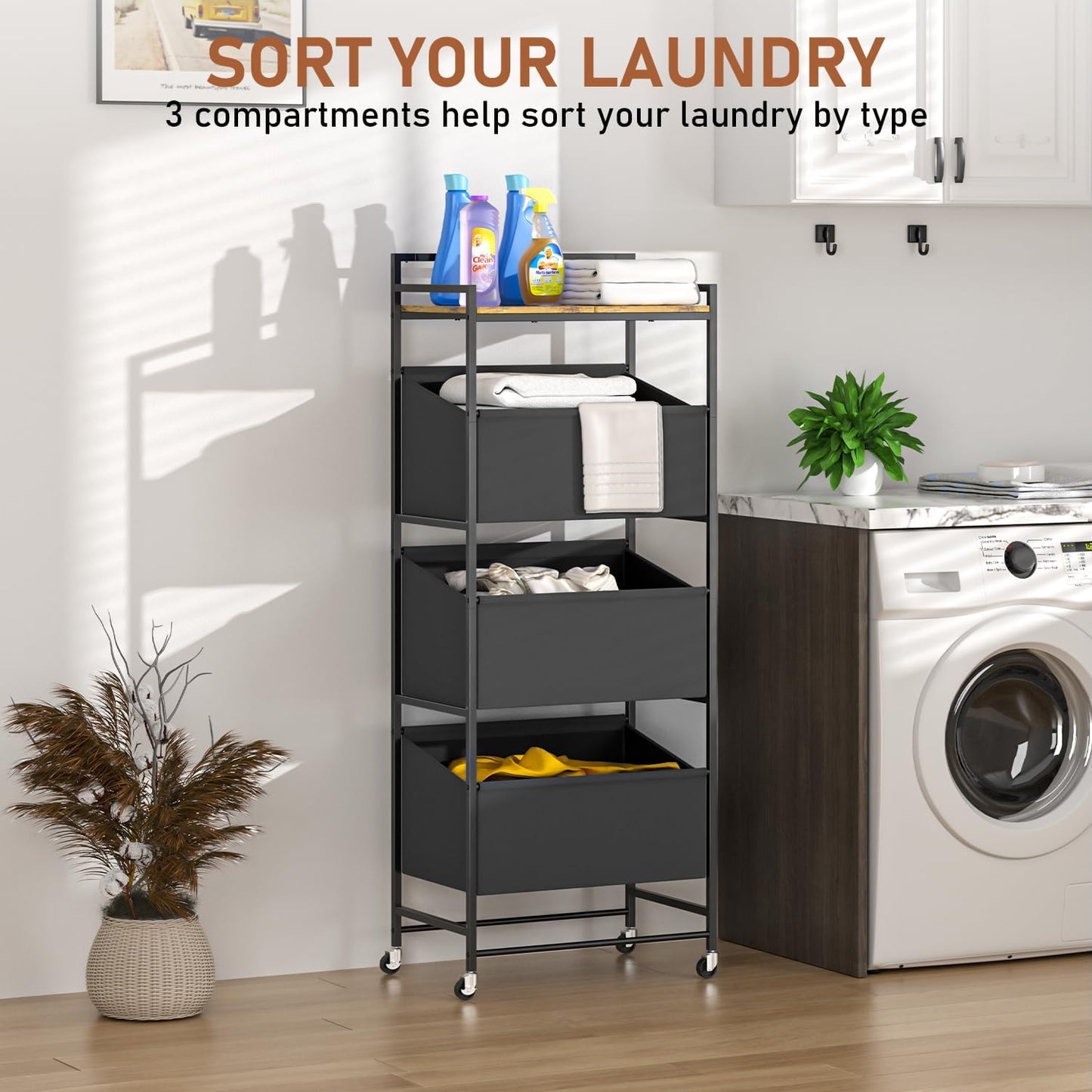 3-Tier Laundry Hamper Sorter with Wheels, 120L Vertical Rolling Laundry Basket Organizer Cart, 3 Section Laundry Sorter with Shelf for Small Space, Laundry Room, Bathroom, Bedroom, Dorm, Closet