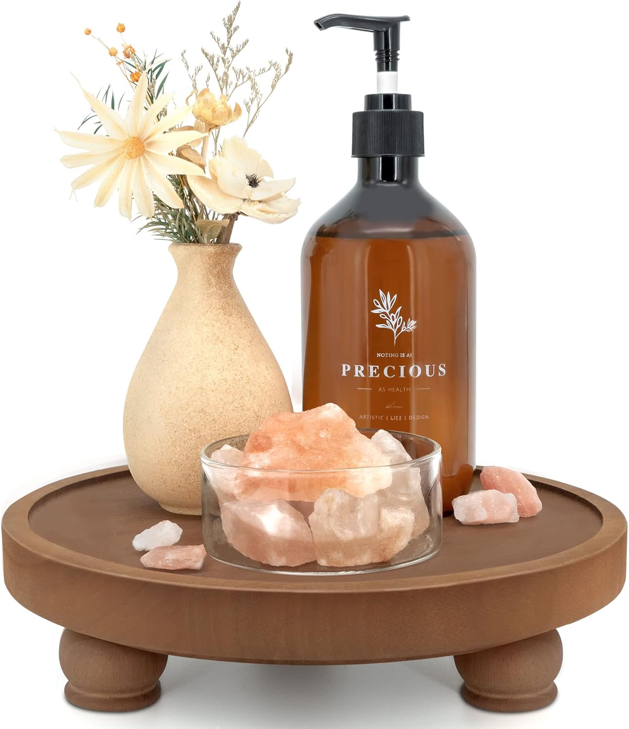 EOSAHR Farmhouse Wood Risers for Bathroom Decor - Decorative Pedestal Tray for Your Kitchen and Home - Rustic Round Waterproof Display Stand Organize for Your Soap, Plants, Jewelry, Perfume(Brown)