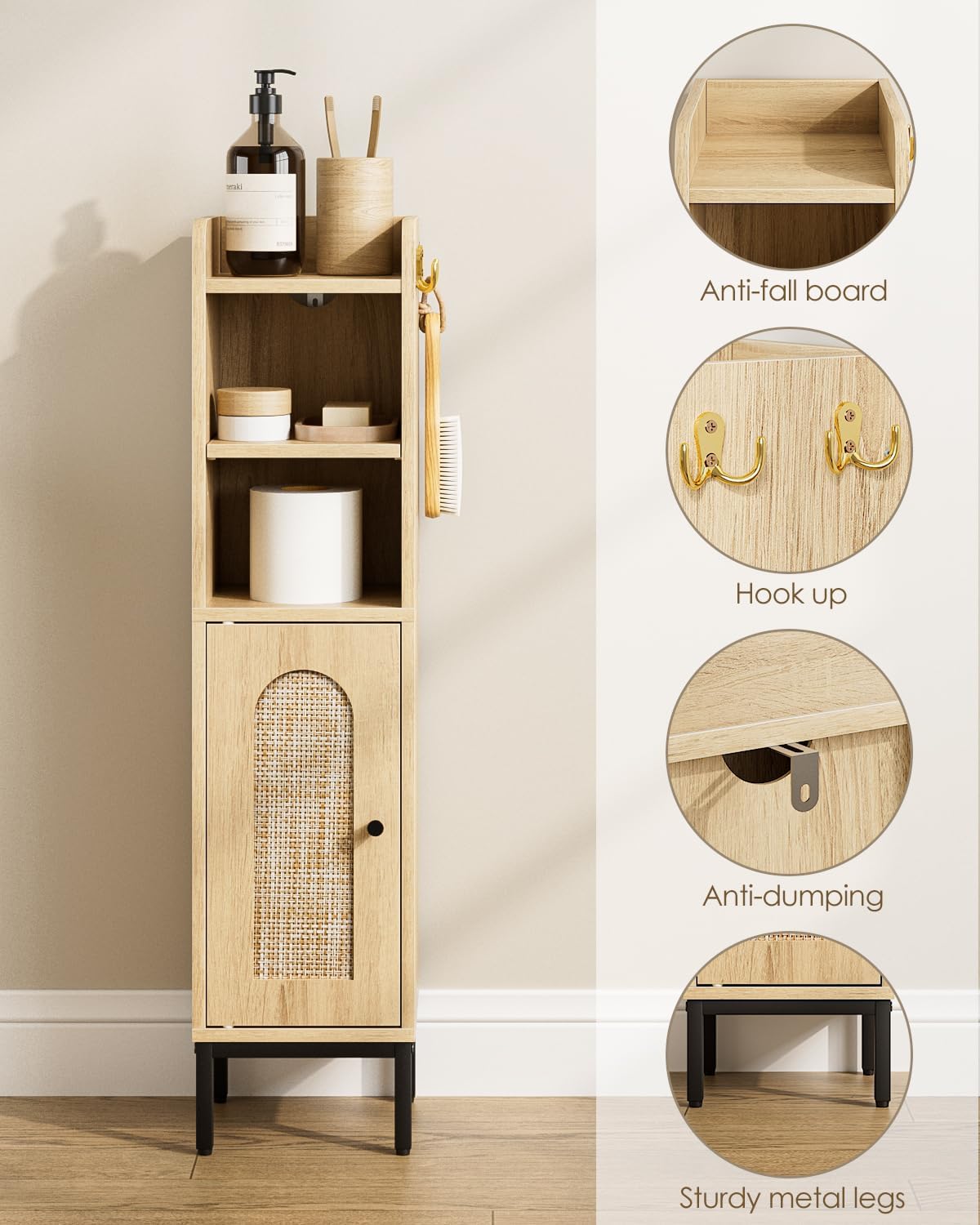 Bathroom Storage Cabinet, Small Corner Floor Hutch with 2Hooks,Narrow Toilet Paper Cabinet with Rattan Door,Bathroom Organizer with Adjustable Shelf, for Small Spaces,Oak