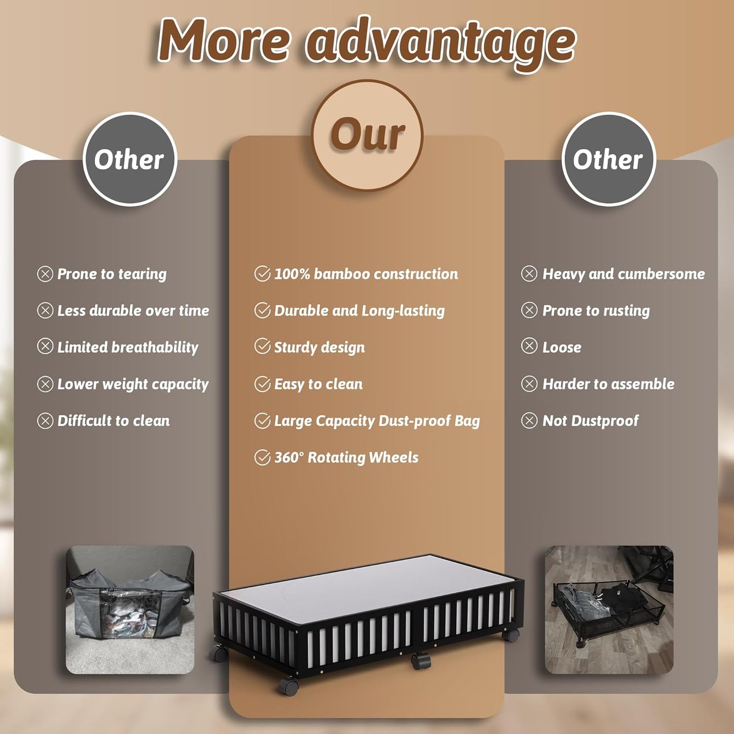 Bamboo Under Bed Storage Containers with Wheels, 2 Pack Large Under the Bed Shoe Storage Bins, Wood Rolling Underbed Drawers Organizer for Bedroom Closet Clothes Blanket Under Crib Toy Black