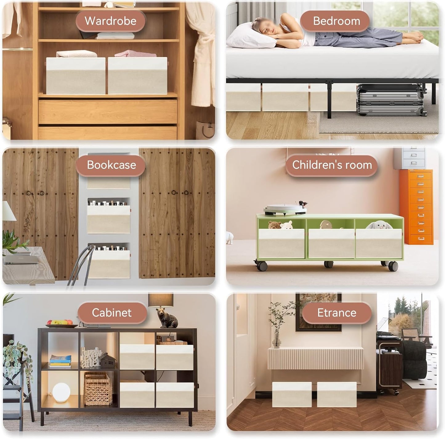 SNWDN 4 Pack Fabric Storage Baskets for Organizing Collapsible Fabric Storage Bins with Handles for Home and Office Organizing (White/Beige 15''Lx10.2''Wx9''H)