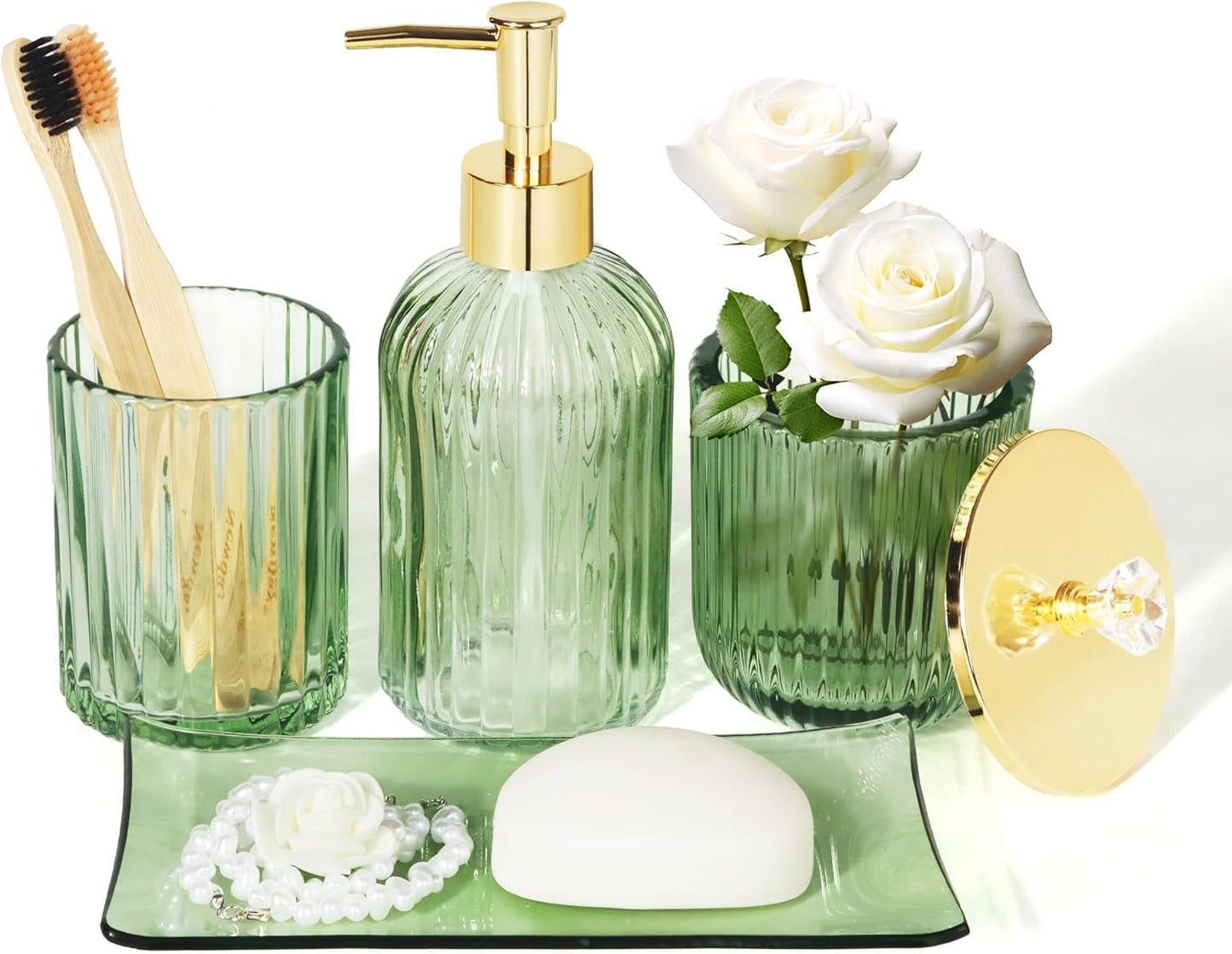 Designer Green Glass Bathroom Accessories Sets - 4 Pcs with Lotion Soap Dispenser, Bathroom Toothbrush Holder, Vanity Tray, and Apothecary Jar, Vintage Bathroom Decor, Gift Countertop Organizer