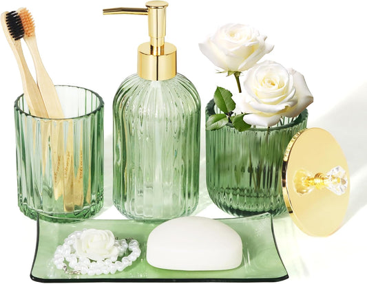 Designer Green Glass Bathroom Accessories Sets - 4 Pcs with Lotion Soap Dispenser, Bathroom Toothbrush Holder, Vanity Tray, and Apothecary Jar, Vintage Bathroom Decor, Gift Countertop Organizer