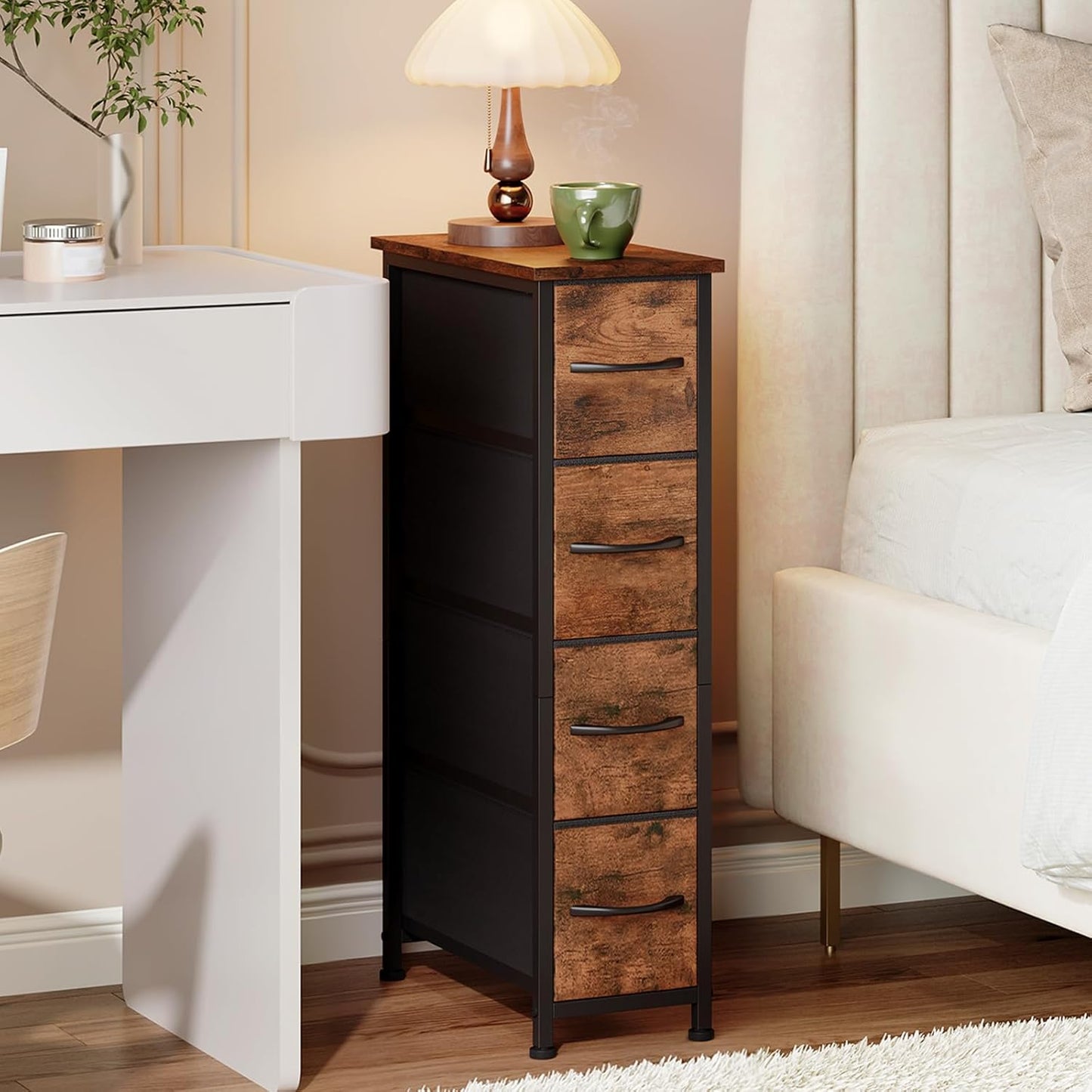 Somdot Narrow Dresser with 4 Drawers, Slim Storage Organizer Chest of Drawers with Removable Fabric Drawers for Small Spaces Bathroom Closet Bedroom Laundry, Wood Grain Print