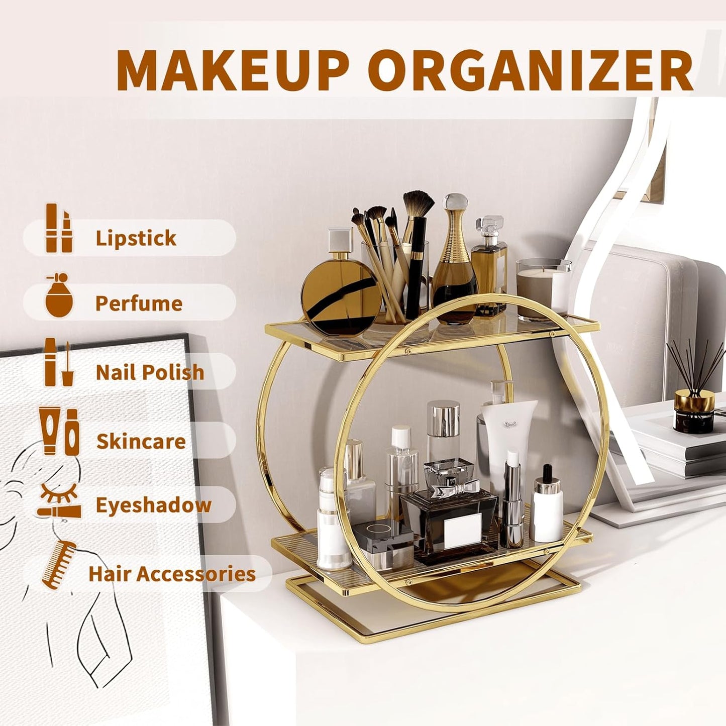 Perfume Organizer for Dresser, 2 Tier Bathroom Counter Organizers and Storage, Gold Makeup Organizer for Vanity, Bathroom Accessories & Decor, Skincare Perfume Trays Cosmetic Display Holder