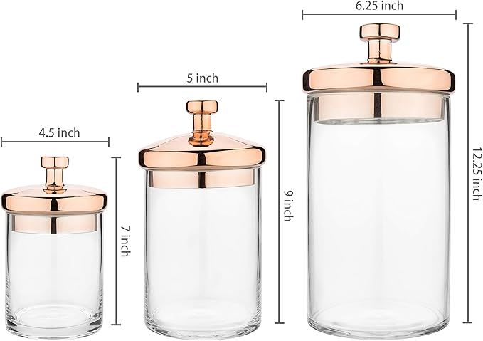 MyGift Glass Apothecary Cookie Jar Set with Copper Lid - Decorative Kitchen and Bath Storage Canisters, Wedding Centerpiece Jars, Candy Buffet with Lids