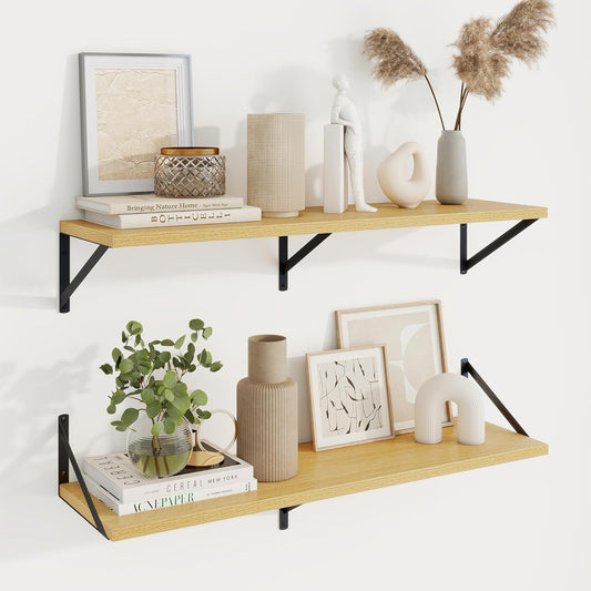 Axeman Deep Floating Shelves for Wall - 36 Inch Wide x 10 Inch Deep Floating Shelves Set of 2 -Oak Wide Wall Shelves for Living Room Bathroom Bedroom