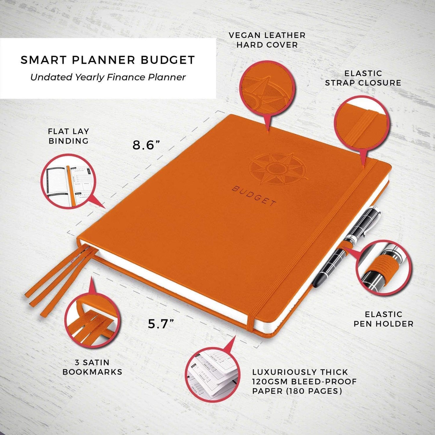 Smart Planner Budget Book – A5 Size 8.6 x 5.7 inches – Undated Budget Planner Organizer with Calendars, Debt Tracker, Expense Sheets, Savings Trackers and More – Inner Pocket for Receipts (Orange)