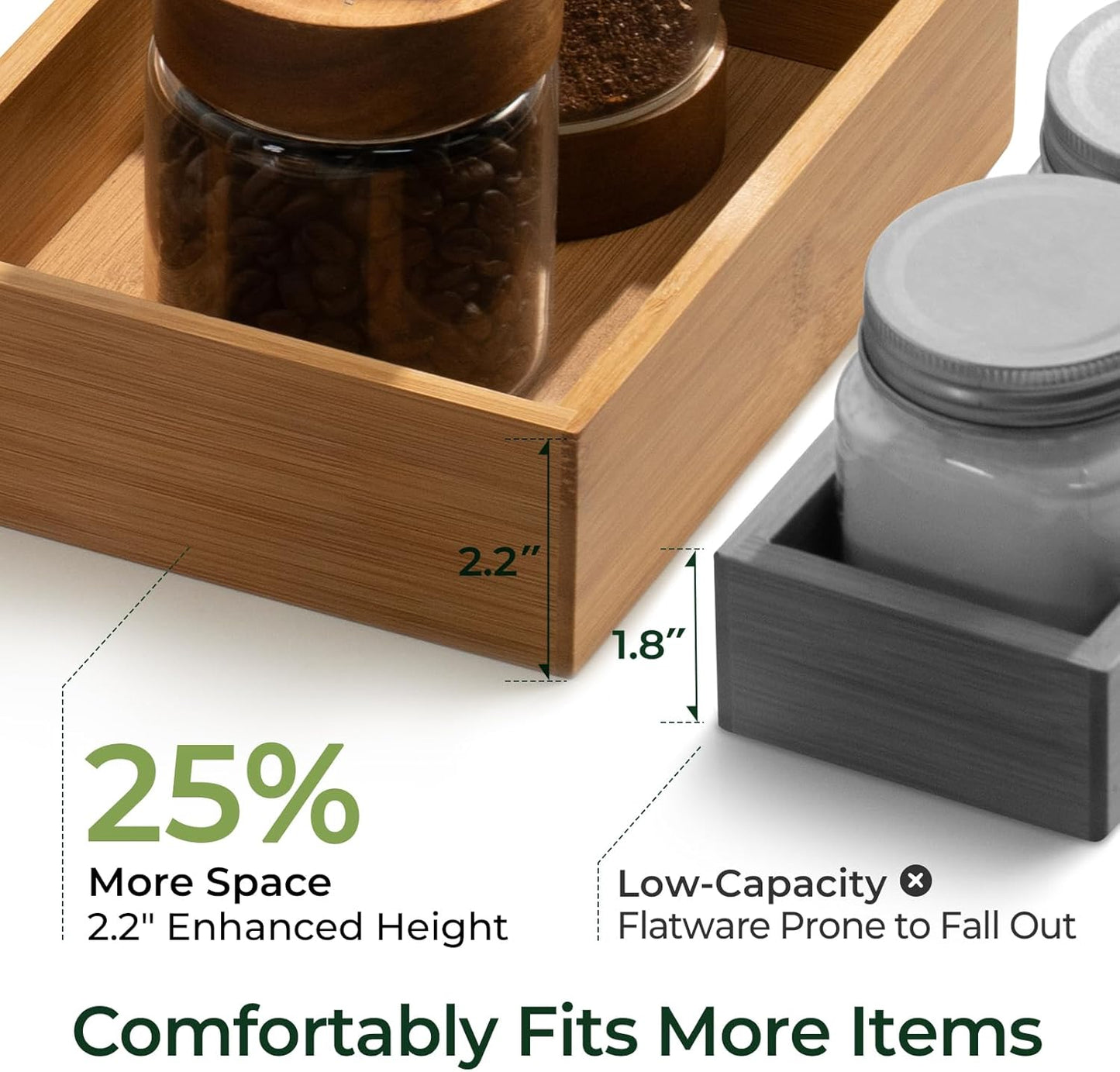 5-Piece Bamboo Drawer Organizer Set, 2.2" Deep Multi-Use Organizers for Utensils, Silverware, Cutlery, Desk, Bathroom, Junk Drawer & Makeup, Non-Slip Feet Included.