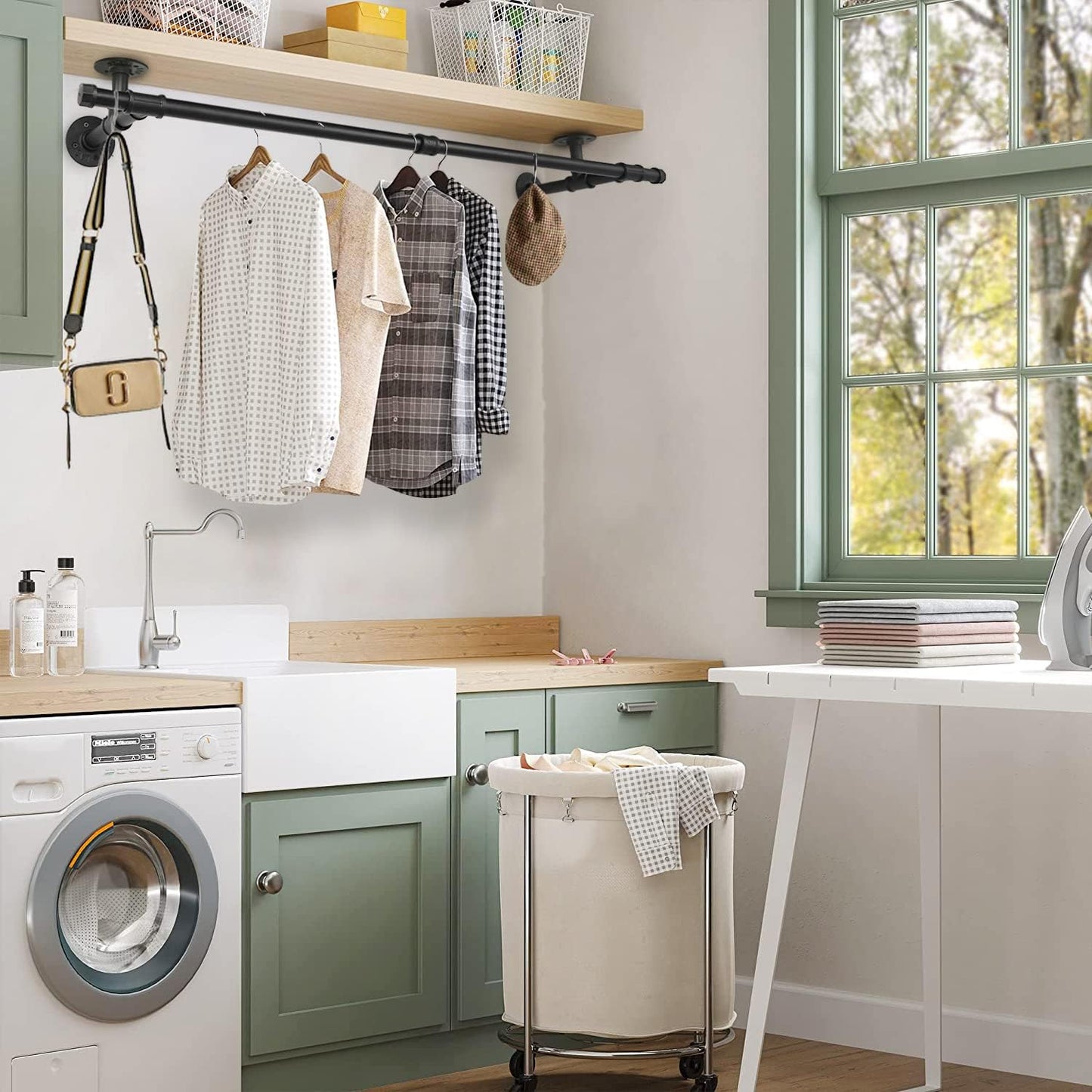 48'' Wall Mounted Clothes Rack Iron Industrial Pipe Clothes Rod with Top Shelf Pipe Rack (Wood Plank Not Included)