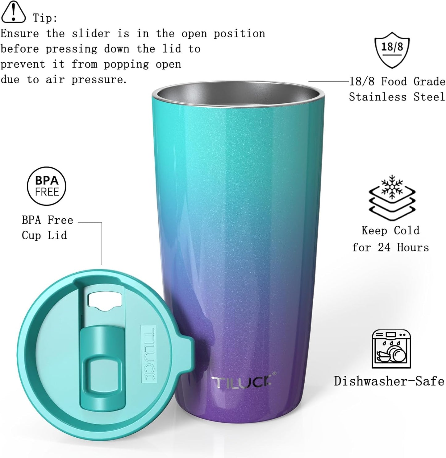 TILUCK 20 oz Tumbler with Lid, Vacuum Insulated Stainless Steel Coffee Mug, Double-Walled Travel Tumbler for Hot and Cold Drinks(BluePurple, 20oz)