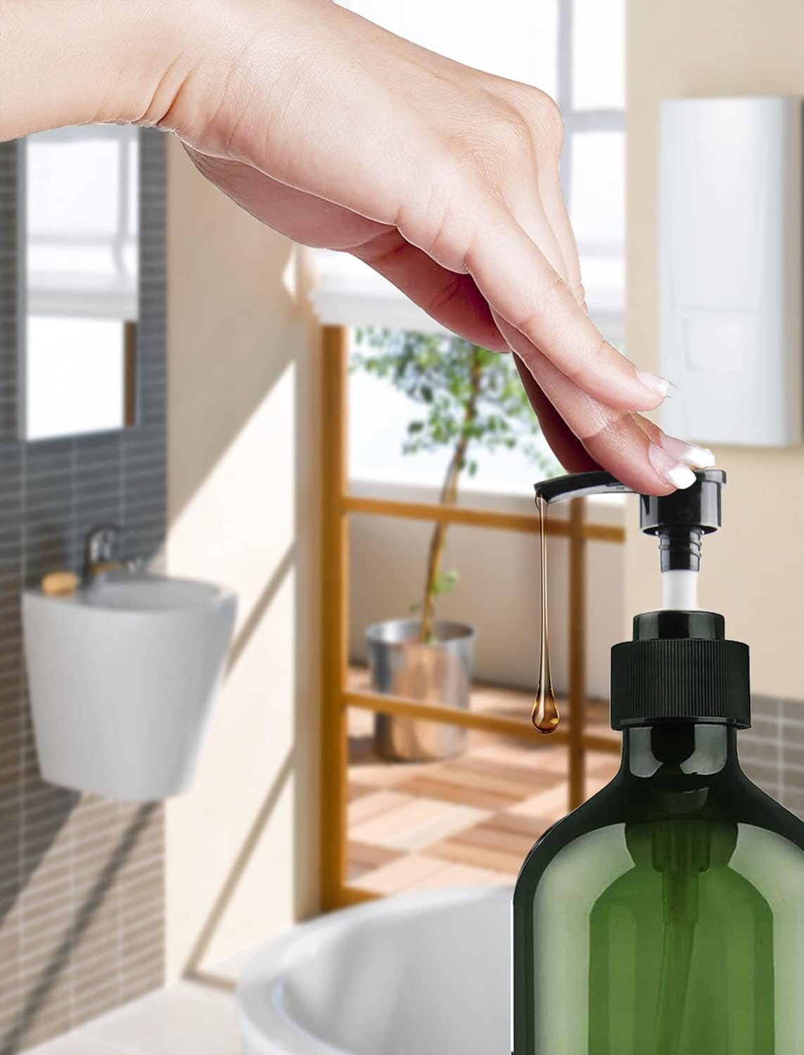 FOOCHY 6 Pack Empty Plastic Bottles with Pump Dispenser and 6pcs Labels Included, Refillable Travel Containers for Hand sanitizer Shampoo Lotion, etc - No BPA/Paraben, 500ml/16.9oz (Green)