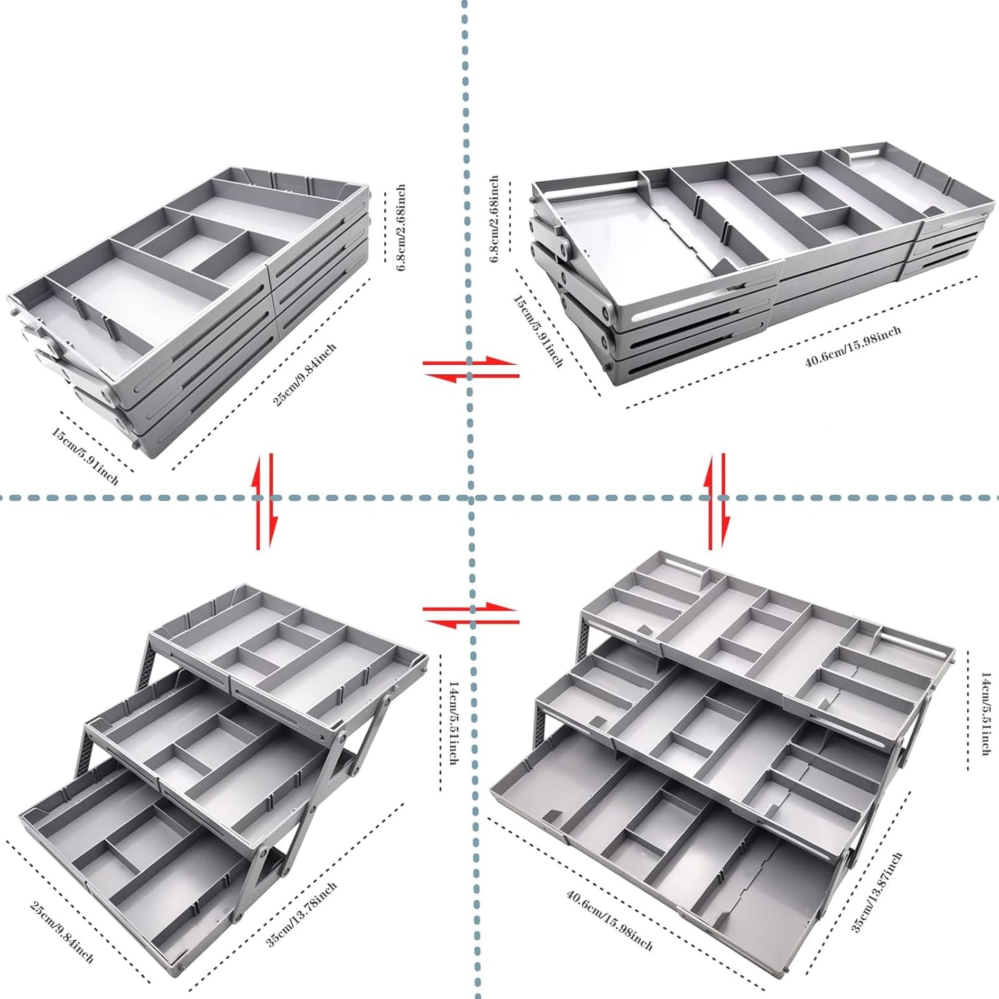 3 Tier Foldable Expandable Smart Drawer Organizer ， Multi Level Collapsible Shallow Junk Drawer Organizer
