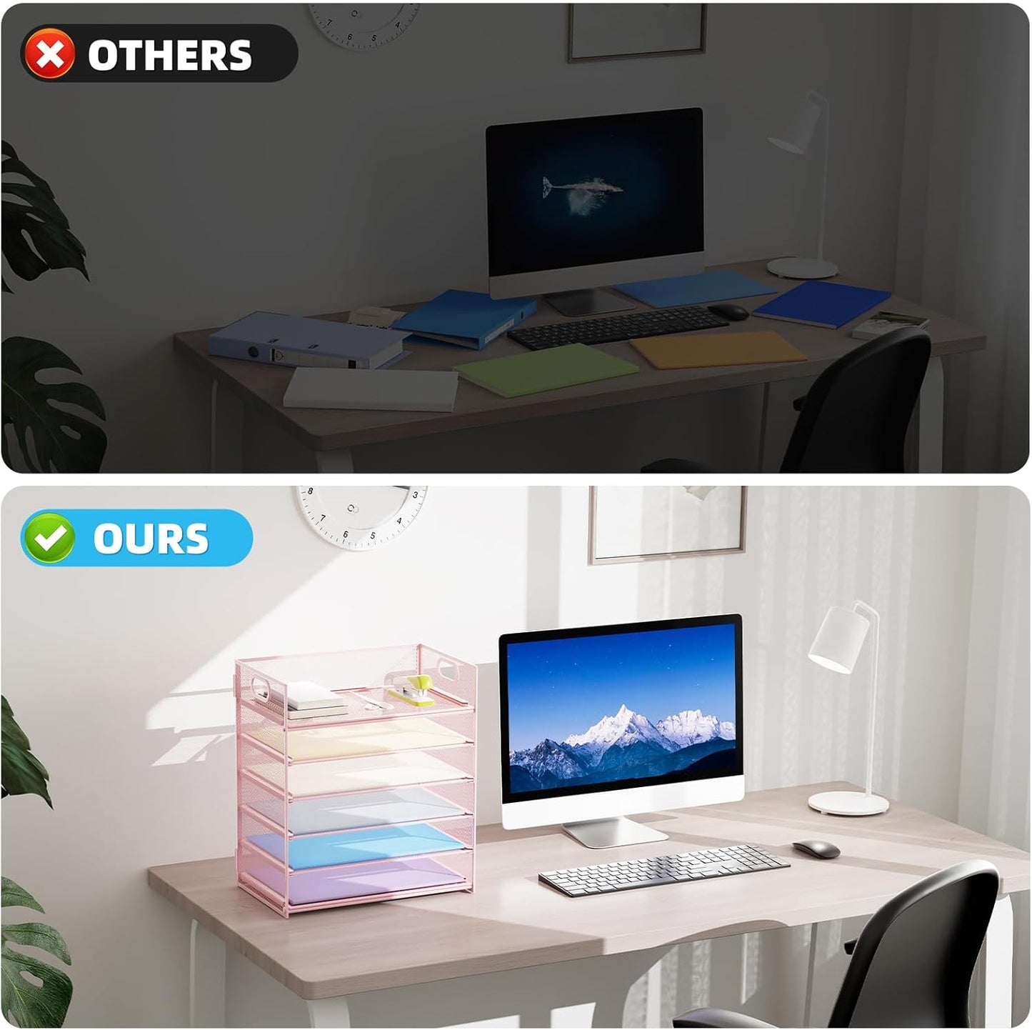 Marbrasse 6 Tier Paper Organizer Letter Tray - Mesh Desk File Organizer with Handle, Paper Sorter for Letter/A4 Office File Folder Holder -Pink