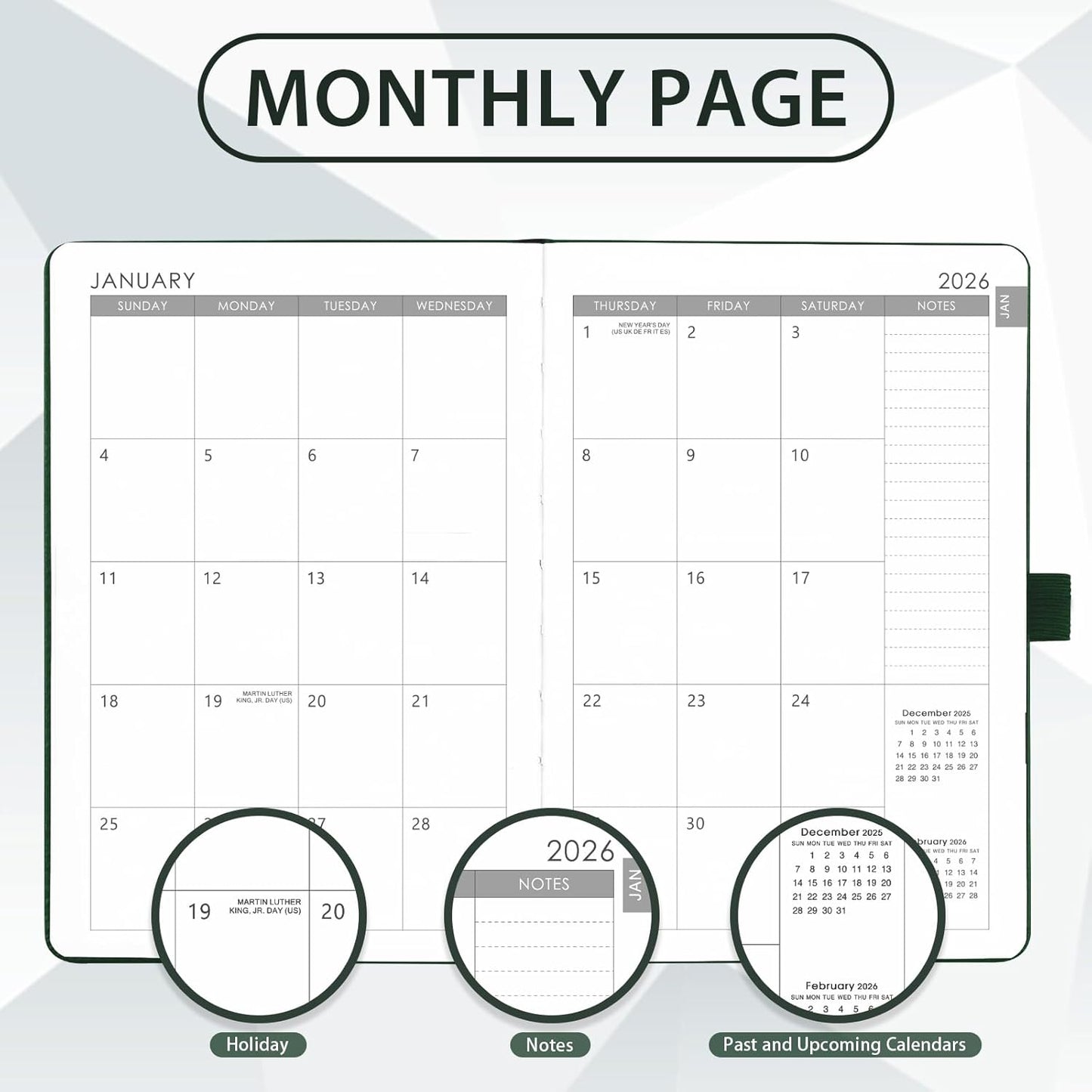 2026 Planner - Planner 2026, 2026 Weekly Monthly Planner, Jan.2026 - Dec.2026, 5.7'' x 8.4'', Thick Paper, Leather Cover, Pen Holder, Back Pocket, Bookmarks, Perfect Daily Organizer - Dark Green