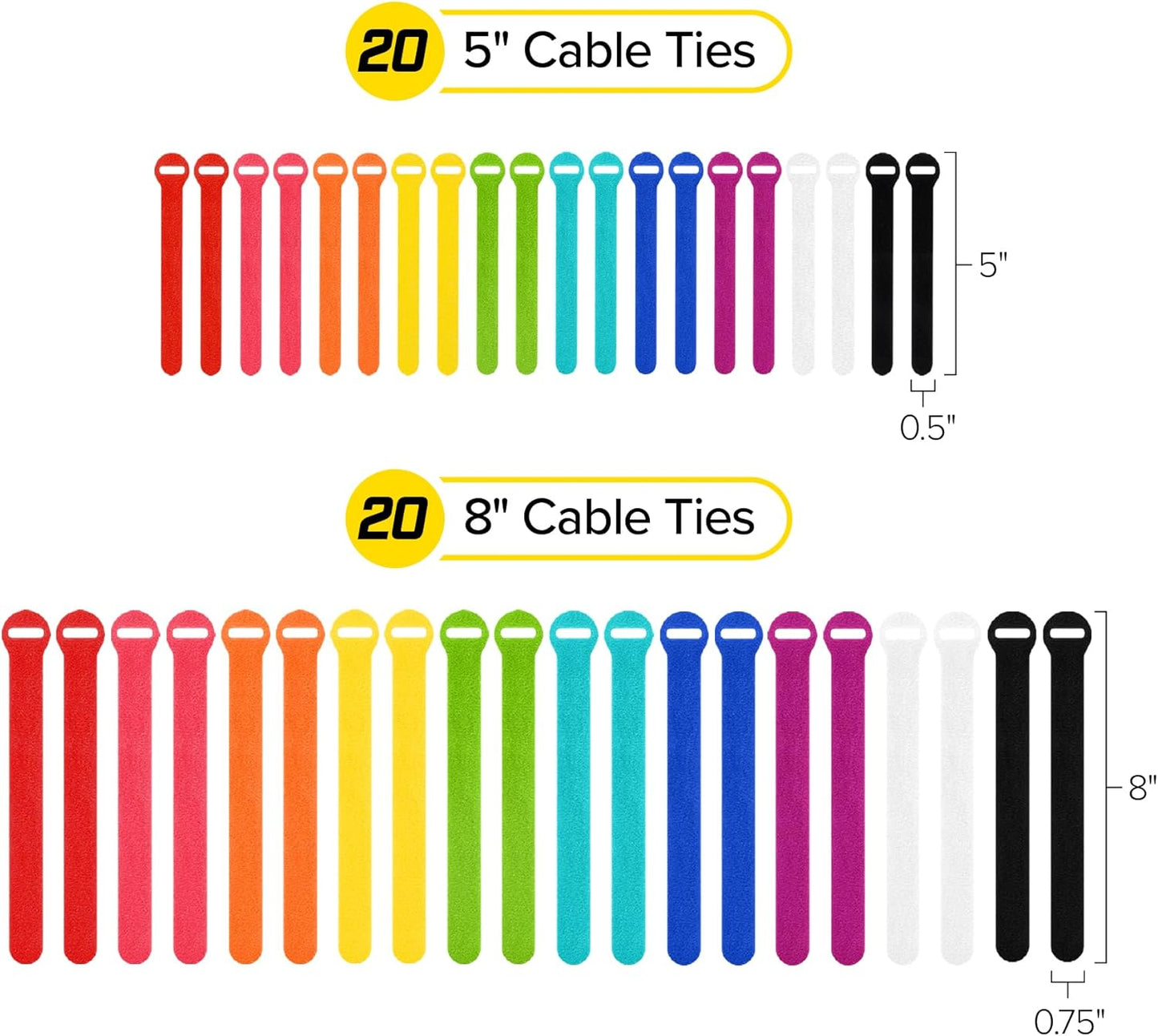 Self-Gripping Cable Ties by Wrap-It Storage, Multi-Color, 40 Pack (5 Inch and 8 Inch Straps) – Reusable Hook and Loop Cord Keeper, Cable Wrappers for Cord Management and Home Office Desk Organization