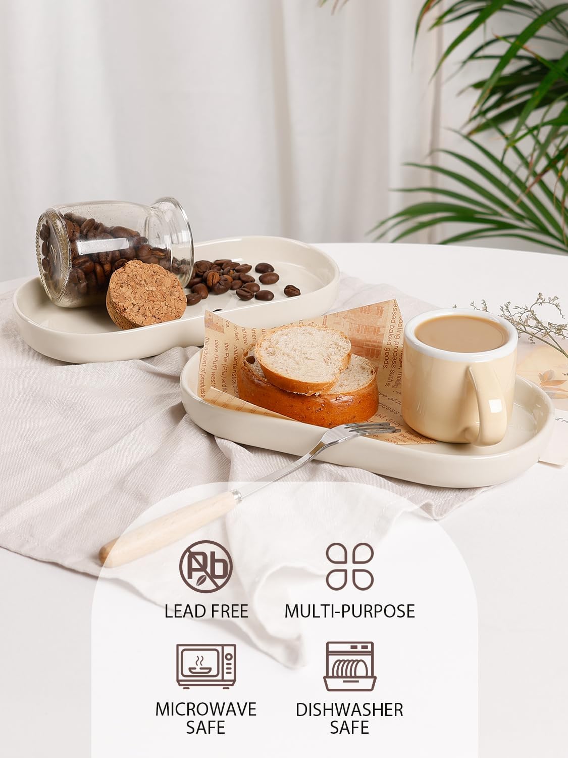 INGOFIN 7" Ceramic Bathroom Vanity Tray Set- 2 Pcs Bathroom Organizer Countertop Tray for Perfume, Jewelry, Small Kitchen Counter Soap Tray, Decorative for Bathroom Vanity and Toilet Tank, Beige