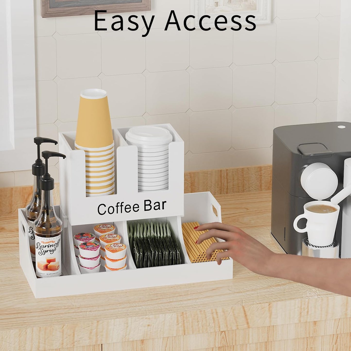 Coffee Station Organizer, Wooden Coffee Bar Organizer for Countertop, Condiment and Cup Storage Organizer, Bar Accessories for Kitchen, Office, Home, White