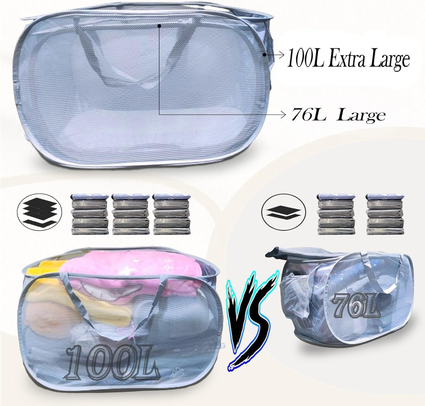 Extra Large Mesh Pop Up Laundry Hamper 2 Pack, 100L Foldable Laundry Baskets, Dirty Clothes Hamper with Pocket, Collapsible Hampers for Travel, Nursery, Dorm or Home. Grey 2H