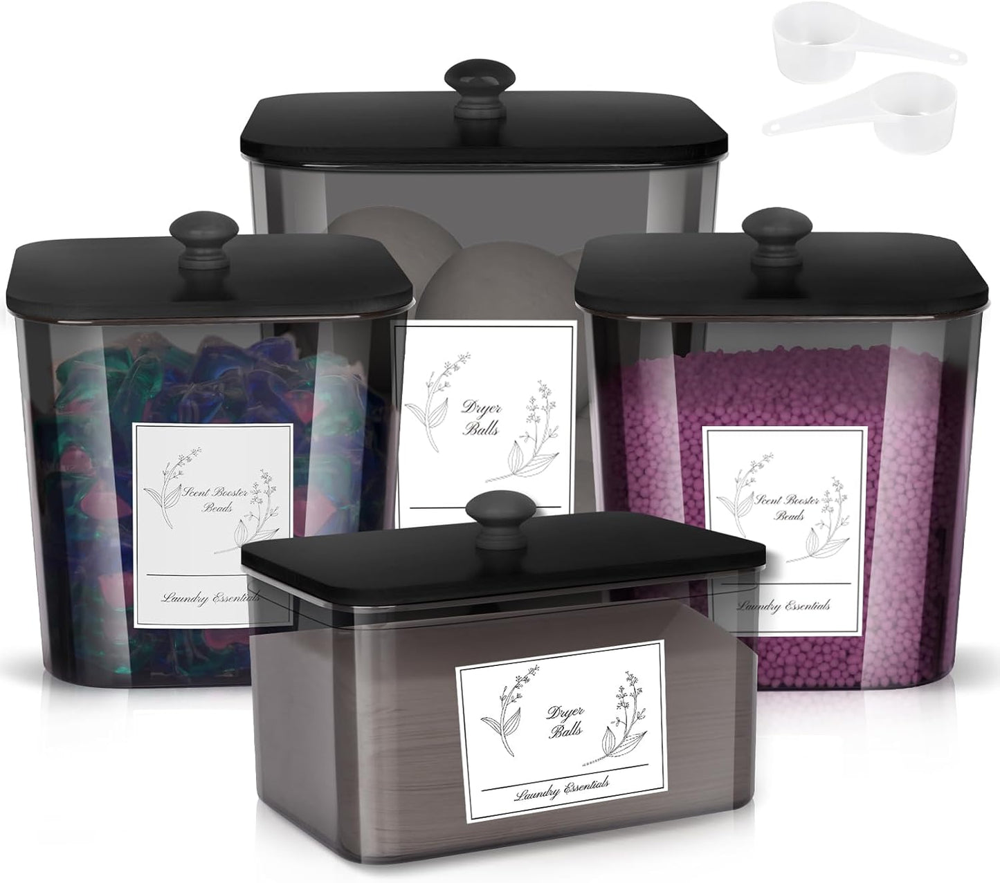 4 Pack Laundry Detergent Containers & Dryer Sheet Holder with Black Lids, Scoops & Labels - Plastic Laundry Organizer and Storage Jars for Pods, Detergent, Scent Booster