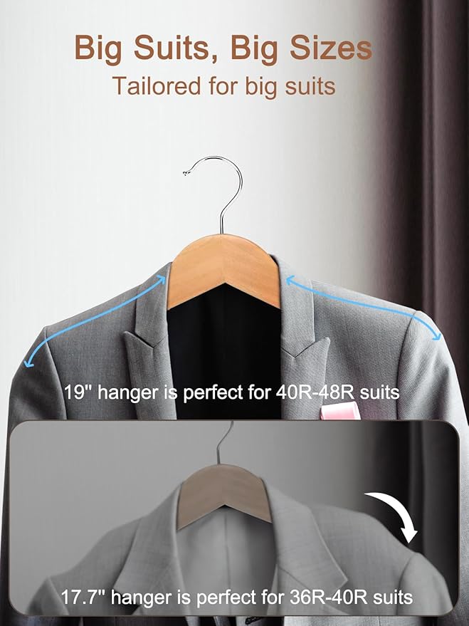 HOUSE DAY 19'' Extra Wide Shoulder Wooden Hangers 6 Pack, Premium Large Wood Suit Hangers With Non Slip Pant Holder, Wide Shoulder Hangers for Suits, Coats, Jackets, Heavy Wide Clothes Hanger, Natural