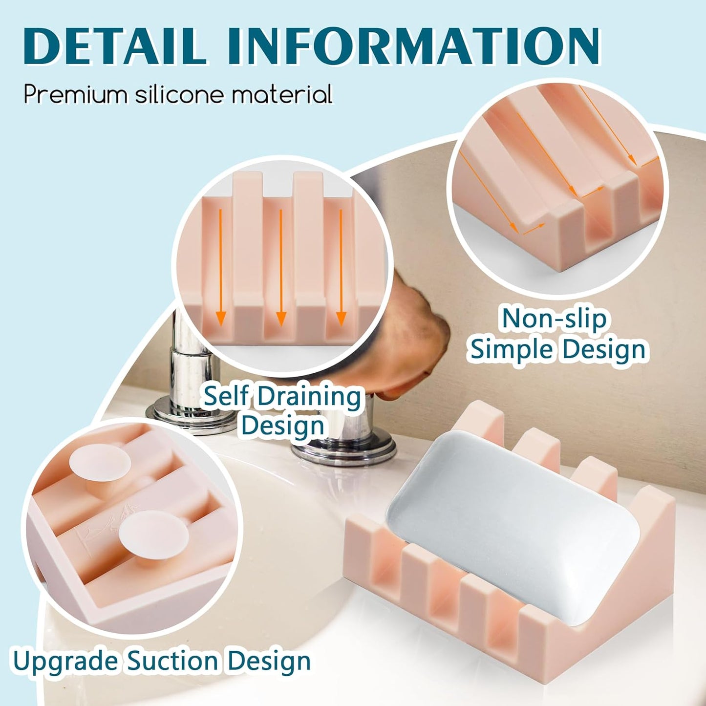 Silicone Soap Dish with Drain, Upgrade Double Suction Cups at The Bottom for Anti-Slip and Stability, Soap Dish Shower Waterfall Bar Soap Holder Tray with Drain Soap Holder (4, Pink)