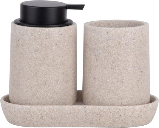 Beige Bathroom Accessories Set, 3 Pcs Resin Bathroom Accessories Complete Set, Sandstone Look Soap Dispenser with Large Pump, Toothbrush Cup, Soap Dish for Modern Home Decor and Kitchen