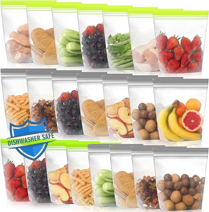 Lerine 22 Pack Reusable Sandwich Bags Dishwasher Microwave Safe, Stand Up Reusable Bags Silicone and BPA Free, Reusable Food Storage Quart Bags for Lunch, Fruits (Green Gray, 22Sandwich)