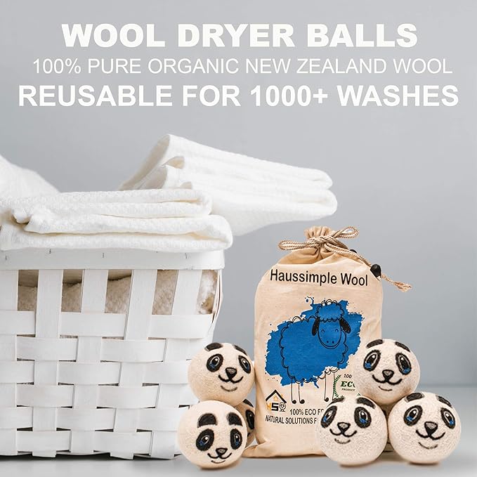 Wool Dryer Balls Organic Felt 6 Pack Laundry Fabric Softener, Extra Large Reusable Handmade Natural Sheep Wool Lint Wrinkle Free Anti Static Baby Safe (Panda)