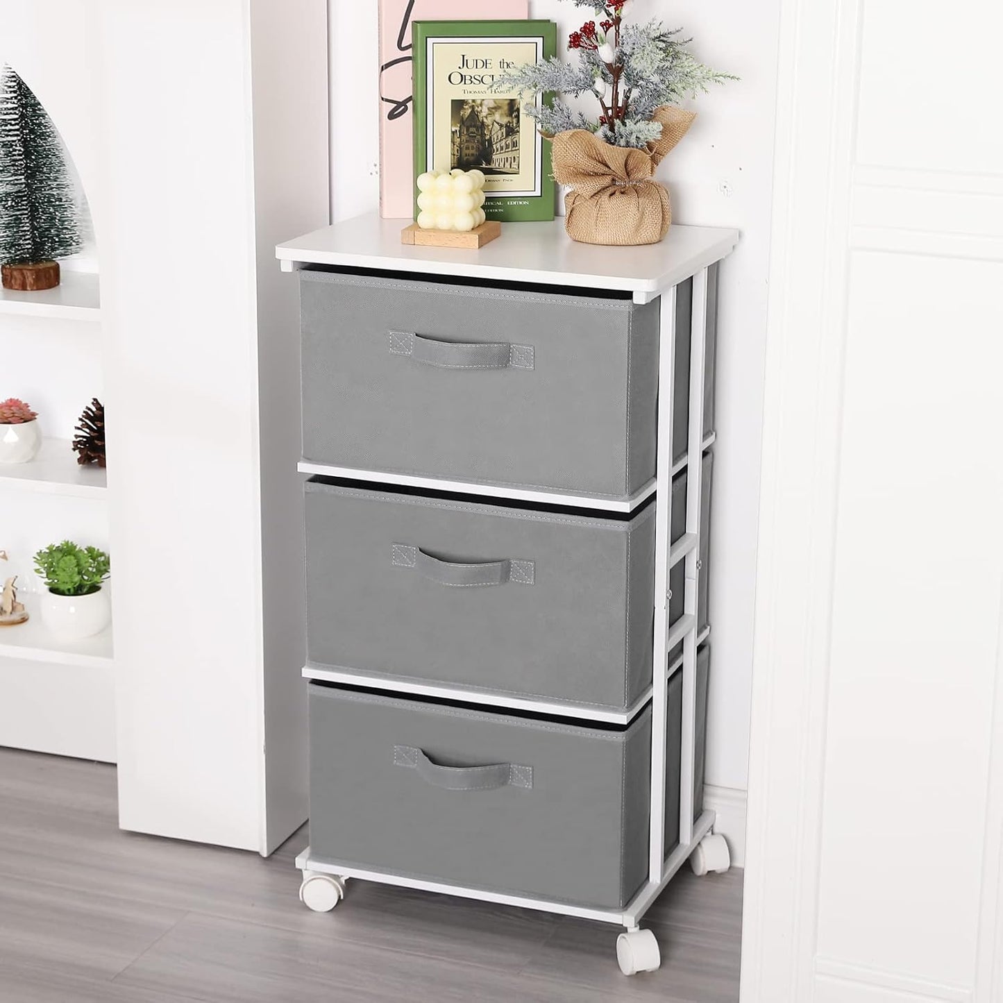 MAX Houser Dresser Tower with 3 Drawers,Fabric Dresser Drawer Organizer Unit,Dresser Chest with Wood Top,Vertical Storage Dresser,Small Dresser for Bedroom,Office-Dark Grey